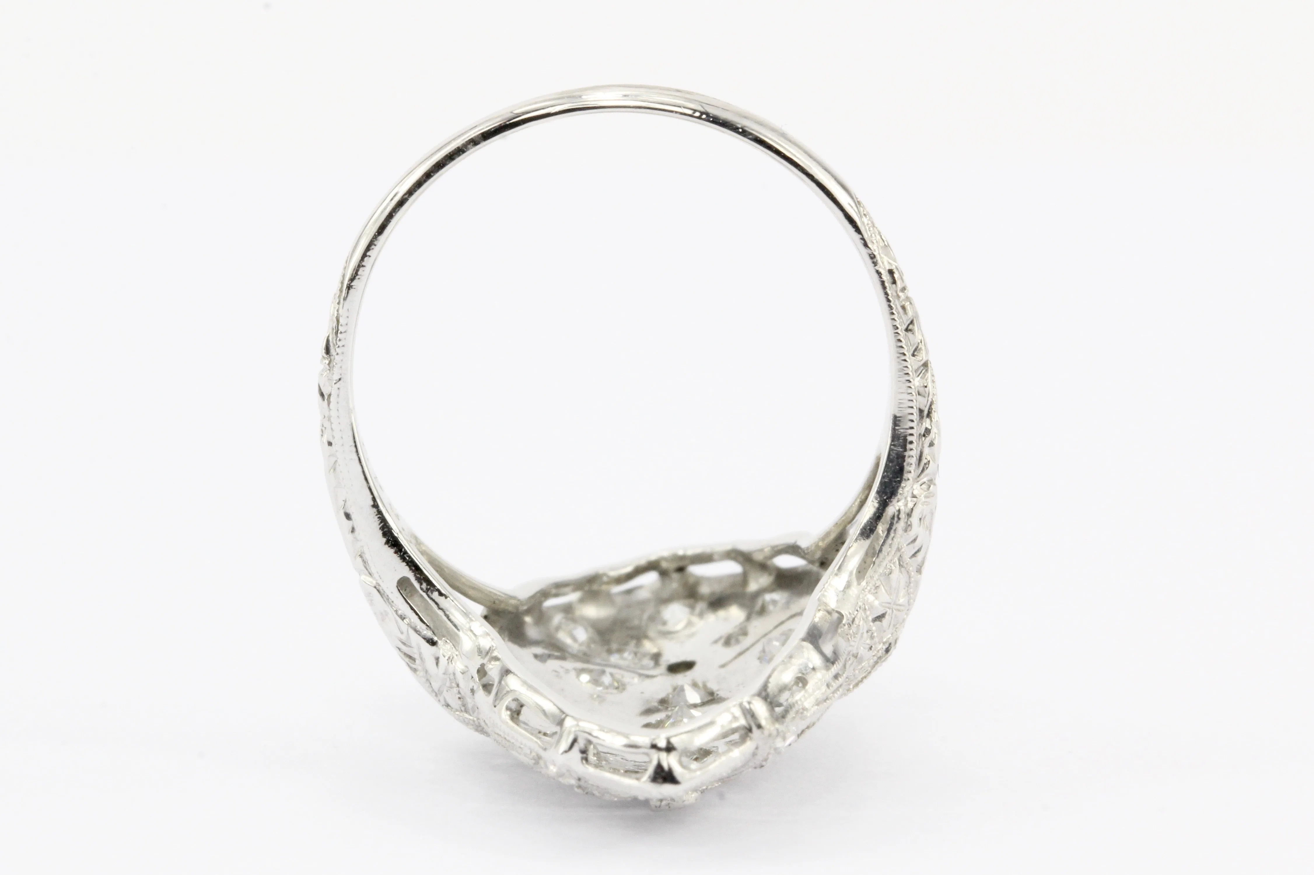 Art Deco Platinum Old European Cut Diamond Filigree Shield Ring c.1920's