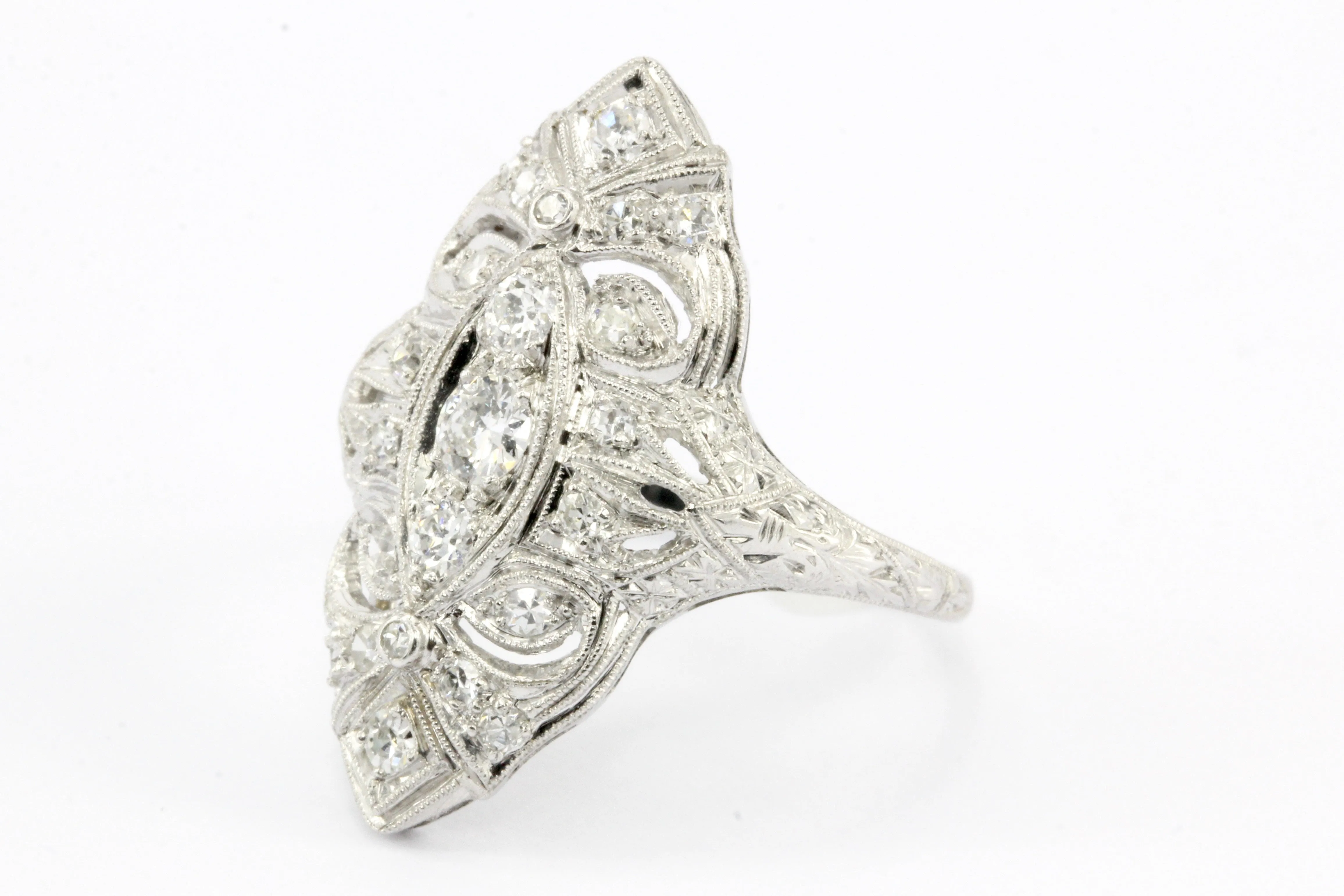 Art Deco Platinum Old European Cut Diamond Filigree Shield Ring c.1920's
