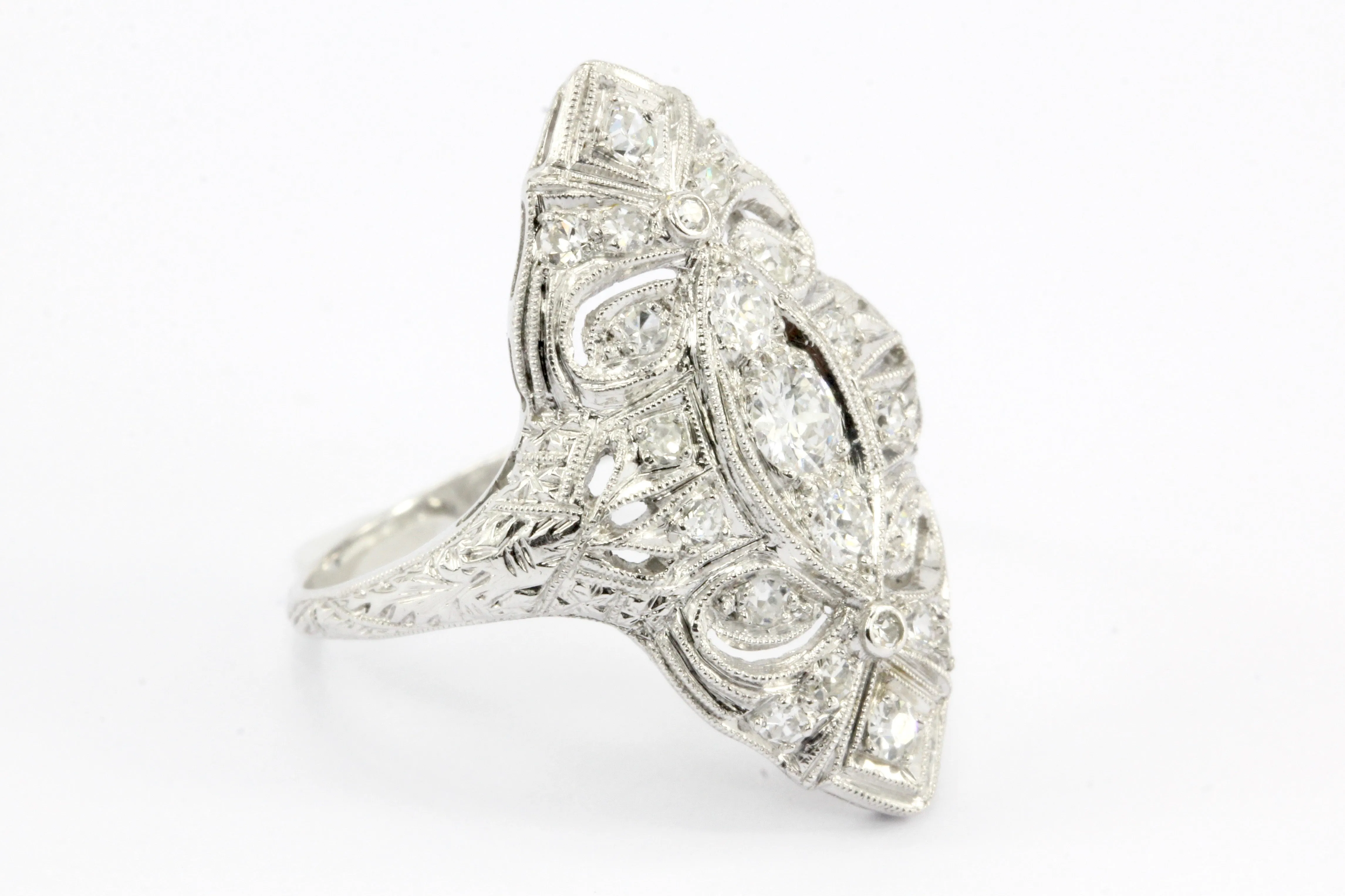 Art Deco Platinum Old European Cut Diamond Filigree Shield Ring c.1920's