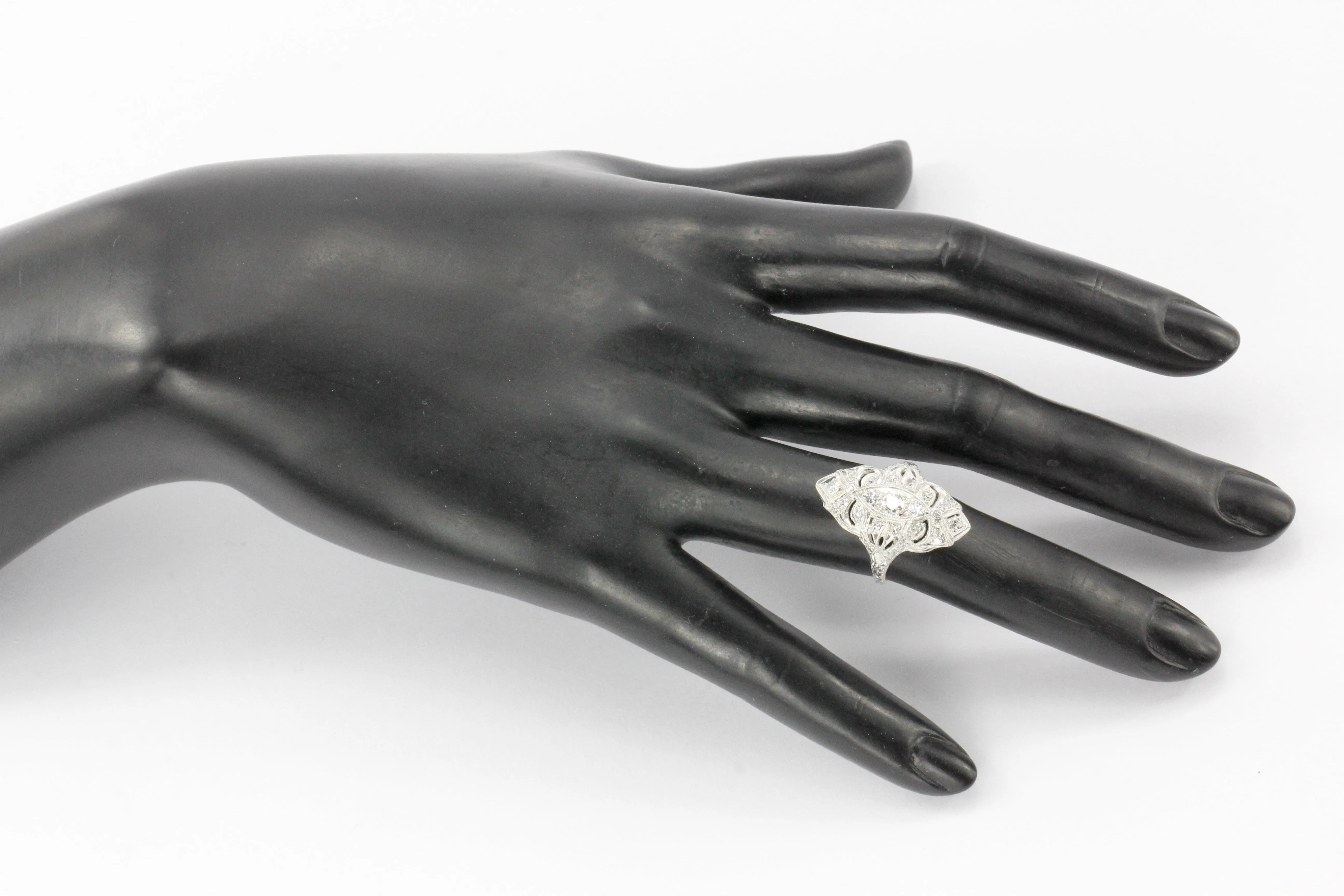 Art Deco Platinum Old European Cut Diamond Filigree Shield Ring c.1920's