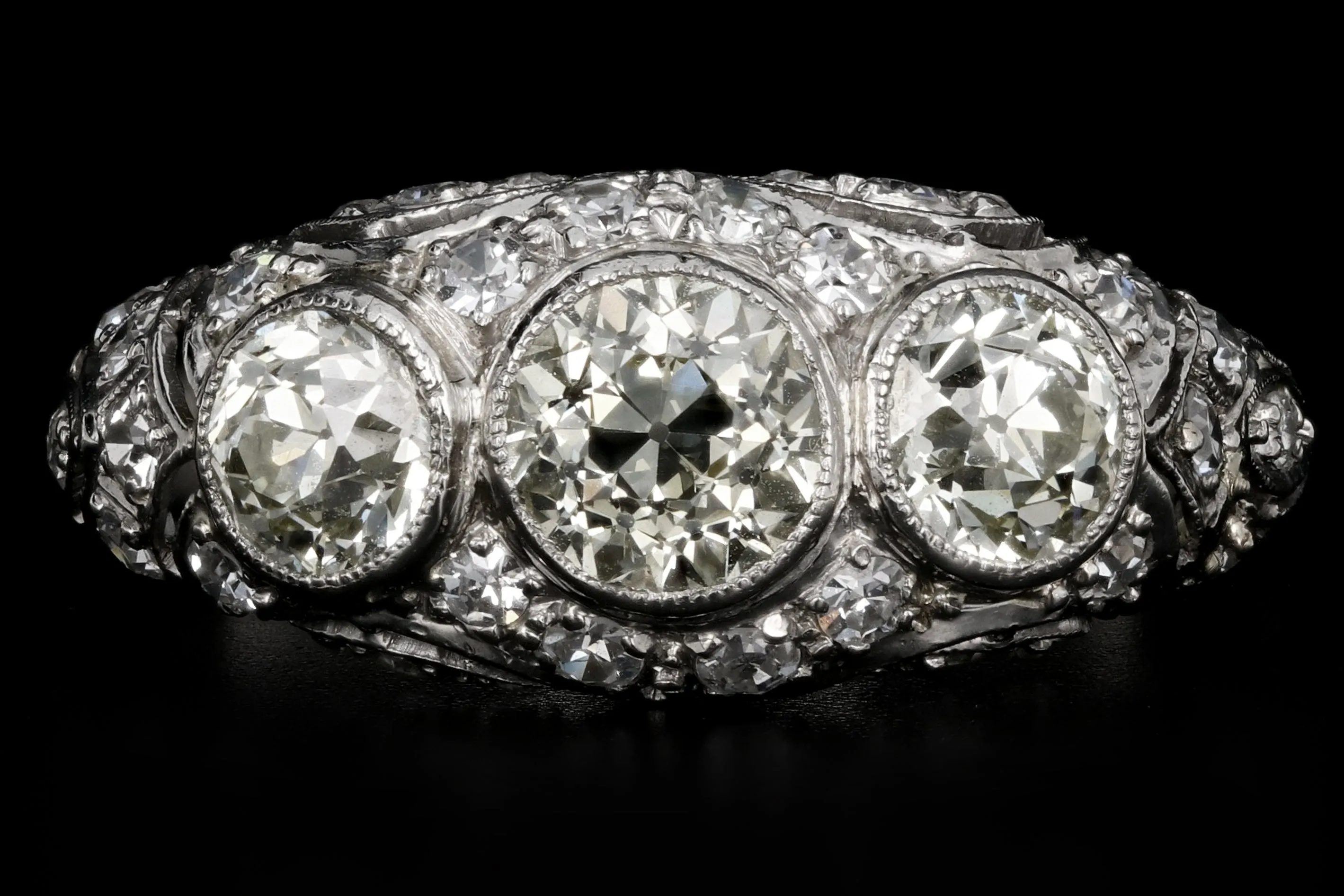 Art Deco Platinum Old European Cut Fancy Light Yellow 3 Stone Cluster Ring C.1920's