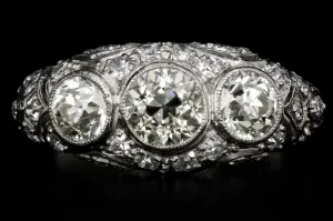 Art Deco Platinum Old European Cut Fancy Light Yellow 3 Stone Cluster Ring C.1920's