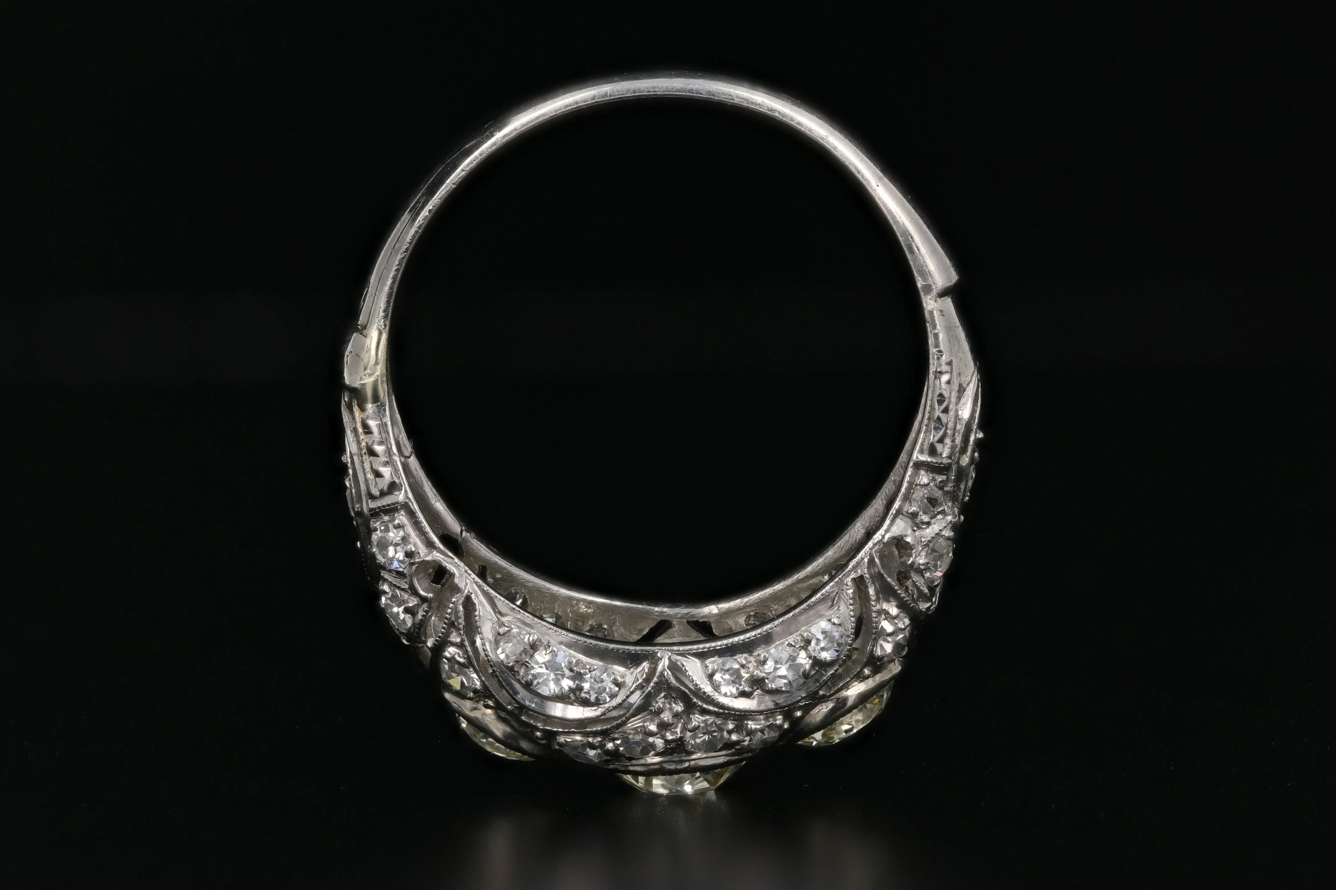 Art Deco Platinum Old European Cut Fancy Light Yellow 3 Stone Cluster Ring C.1920's