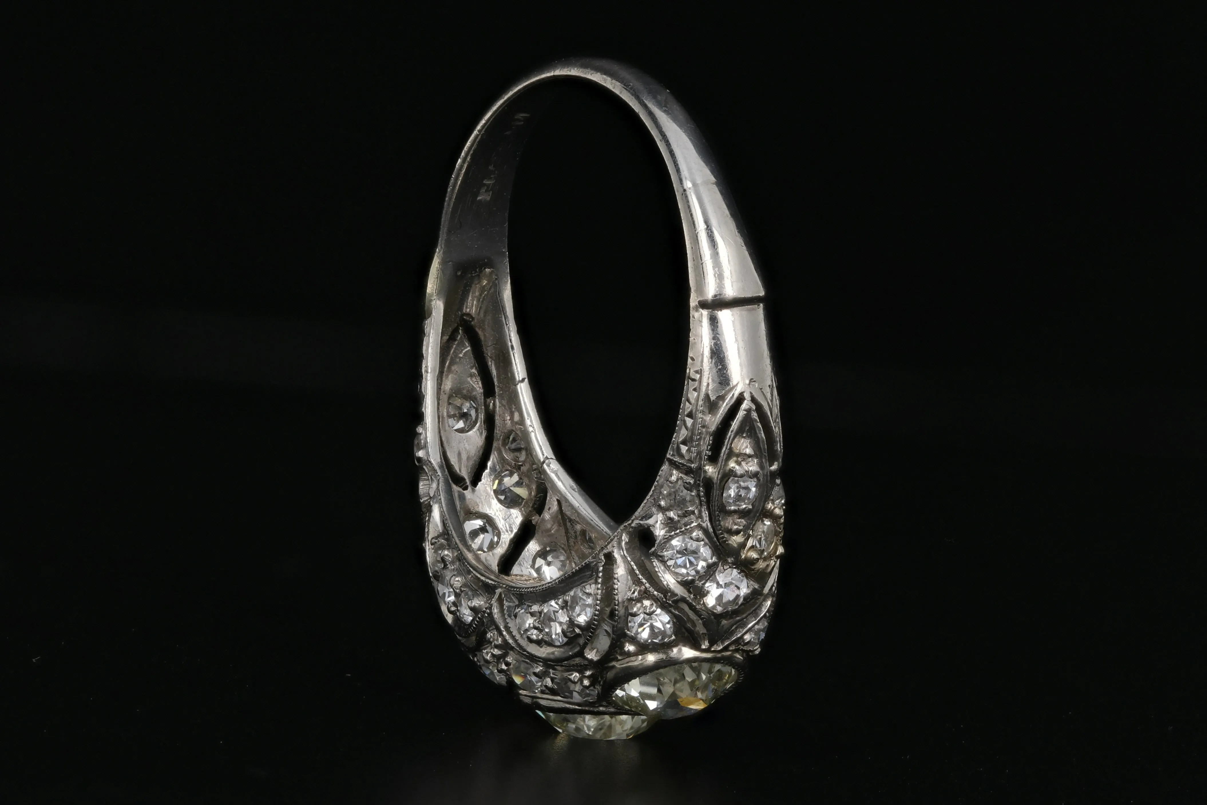 Art Deco Platinum Old European Cut Fancy Light Yellow 3 Stone Cluster Ring C.1920's