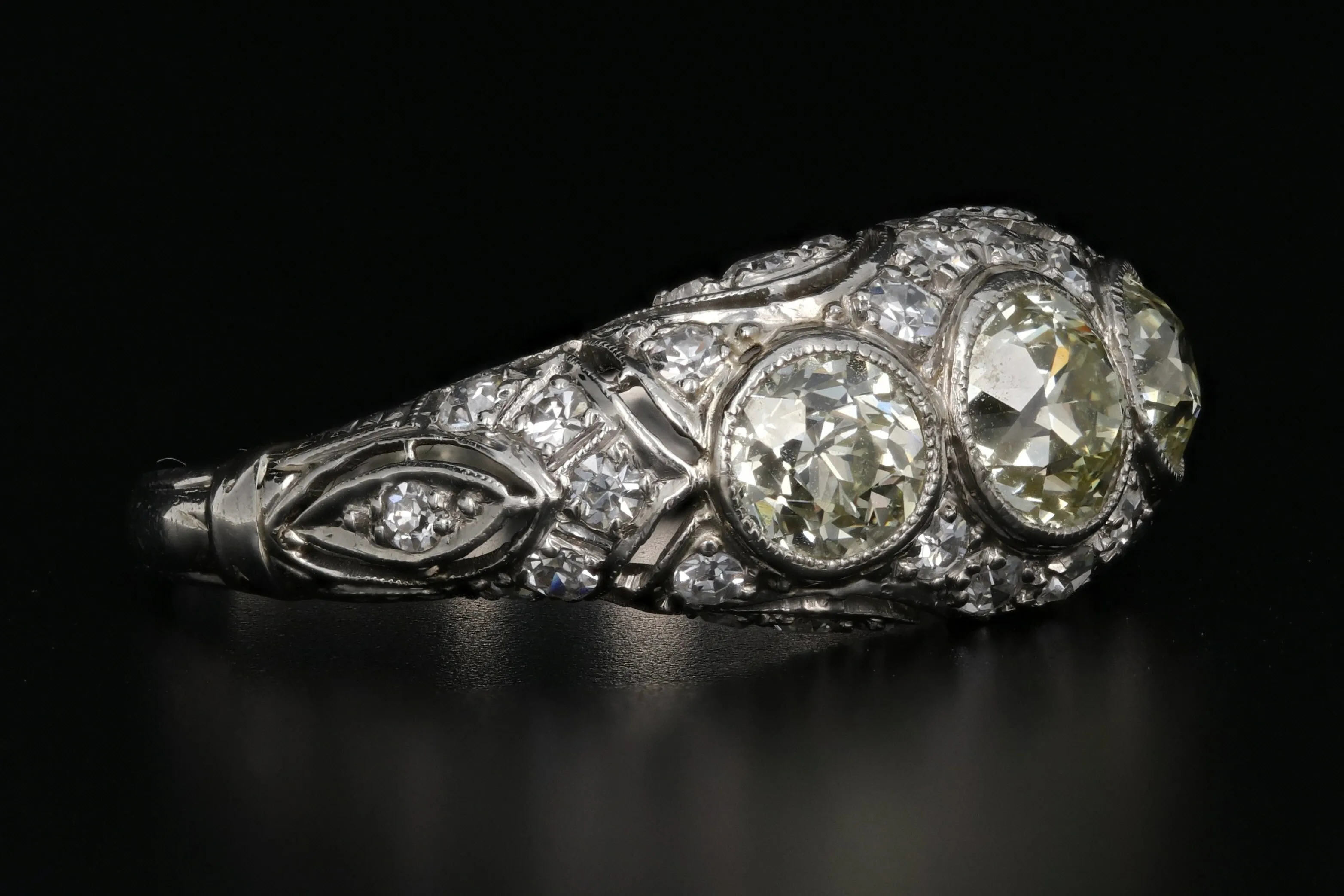Art Deco Platinum Old European Cut Fancy Light Yellow 3 Stone Cluster Ring C.1920's