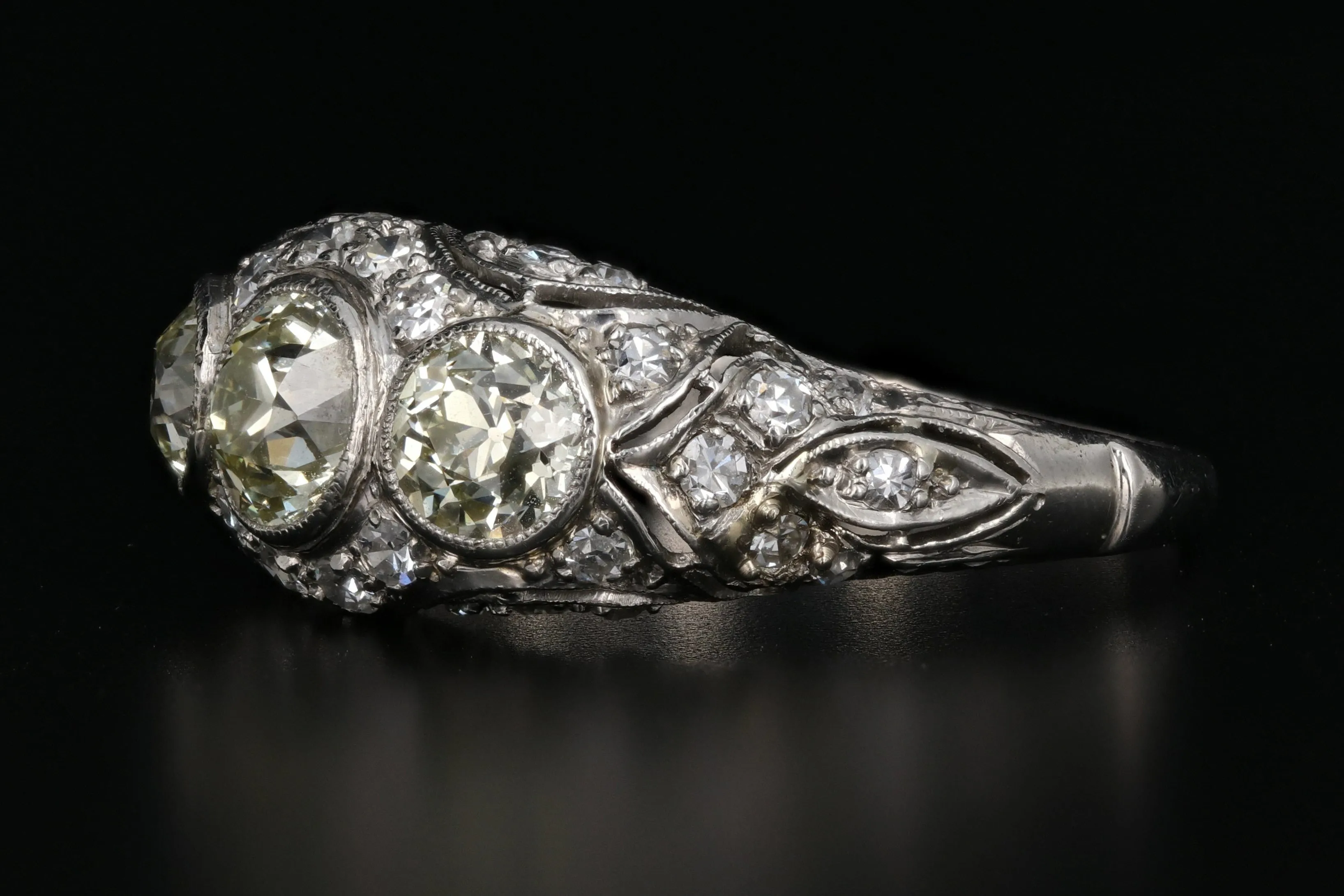Art Deco Platinum Old European Cut Fancy Light Yellow 3 Stone Cluster Ring C.1920's