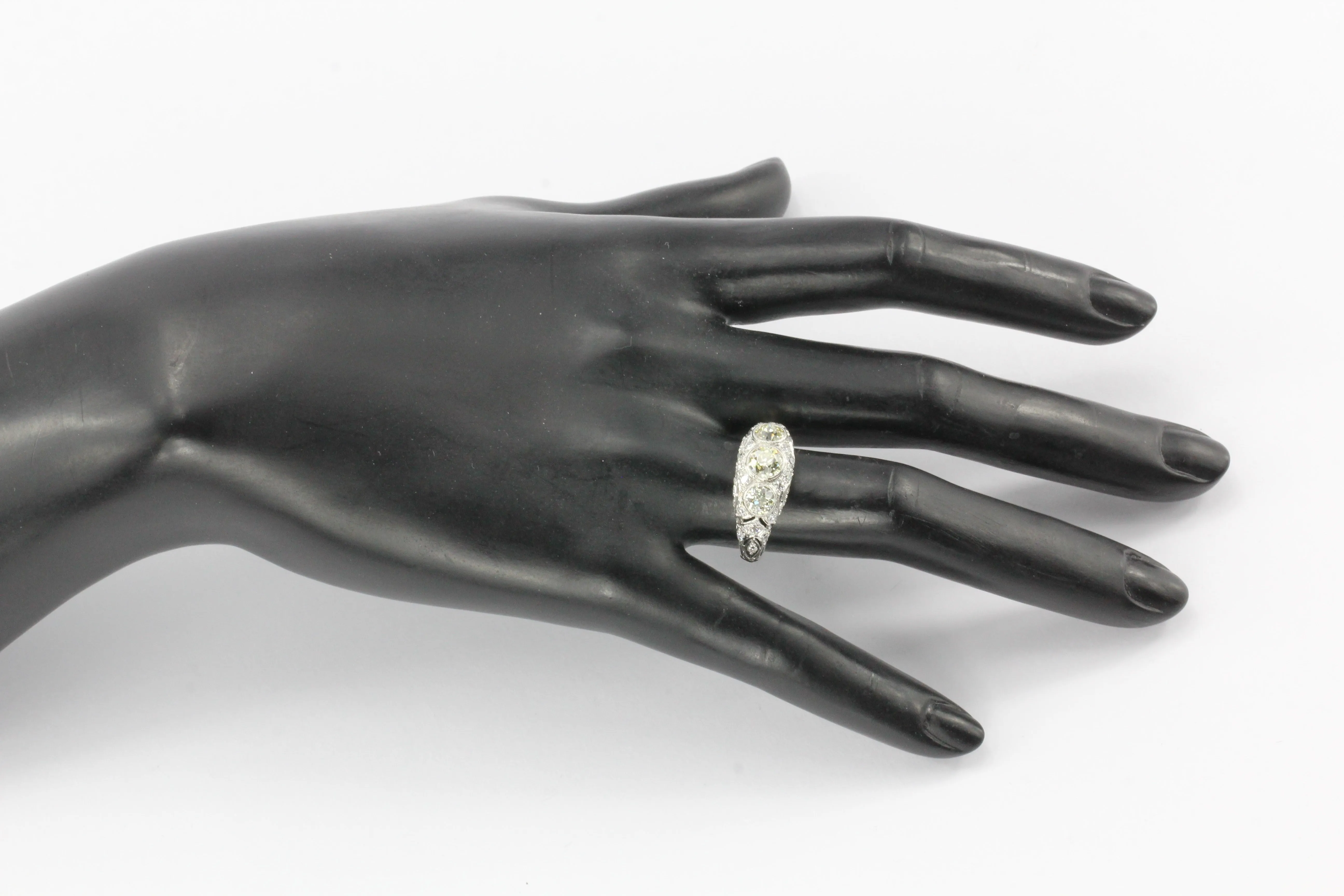Art Deco Platinum Old European Cut Fancy Light Yellow 3 Stone Cluster Ring C.1920's