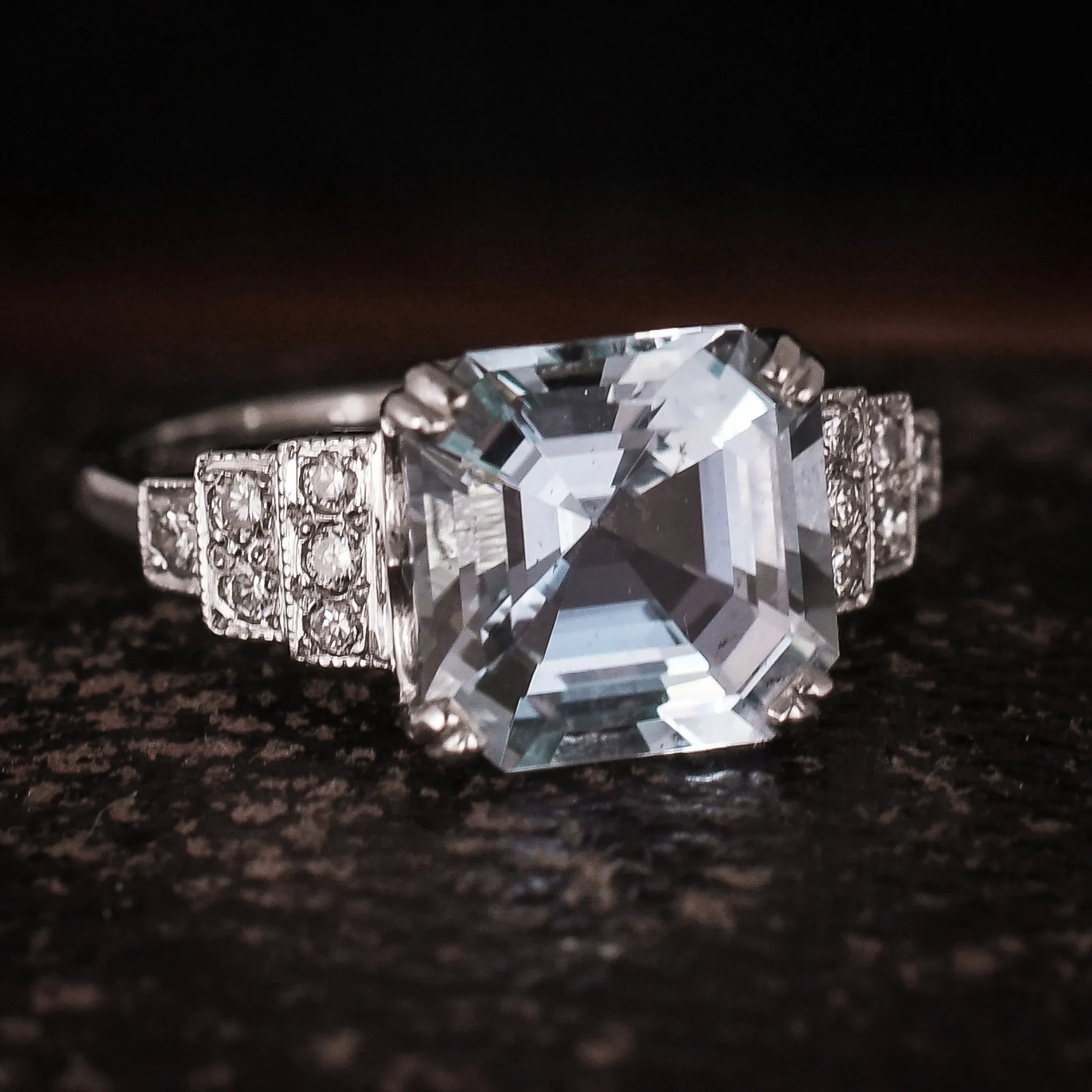 Art Deco Revival 3.14ct Aquamarine Stepped Shoulders Cocktail Ring