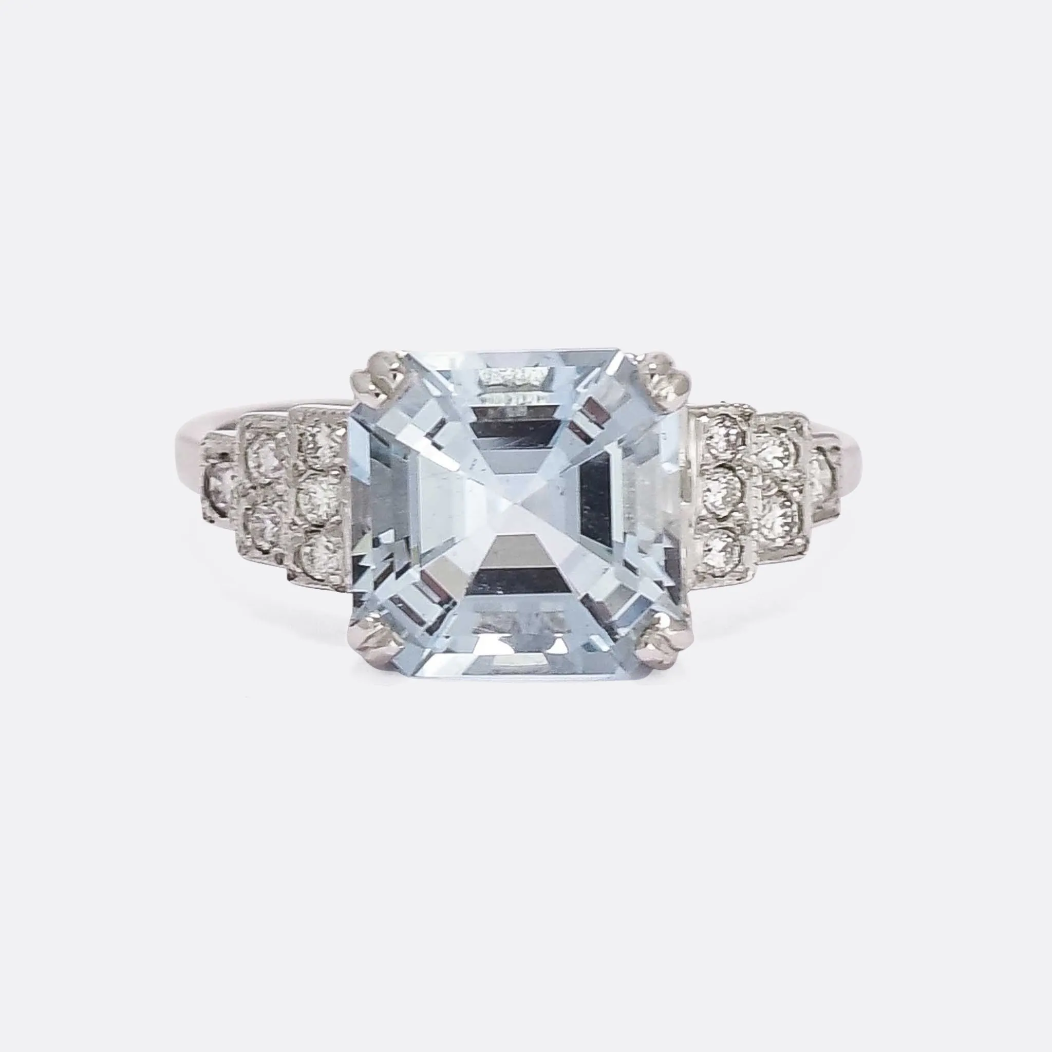 Art Deco Revival 3.14ct Aquamarine Stepped Shoulders Cocktail Ring