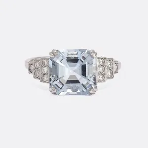 Art Deco Revival 3.14ct Aquamarine Stepped Shoulders Cocktail Ring