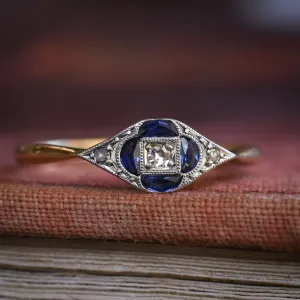 Art Deco Sapphire & Diamond Millegrain Cluster Ring