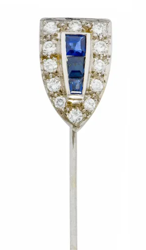 Art Deco Sapphire Diamond 14 Karat White Gold Shield Stickpin