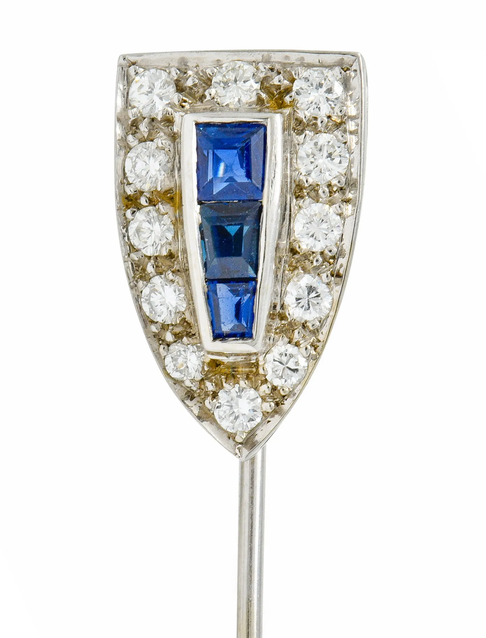 Art Deco Sapphire Diamond 14 Karat White Gold Shield Stickpin