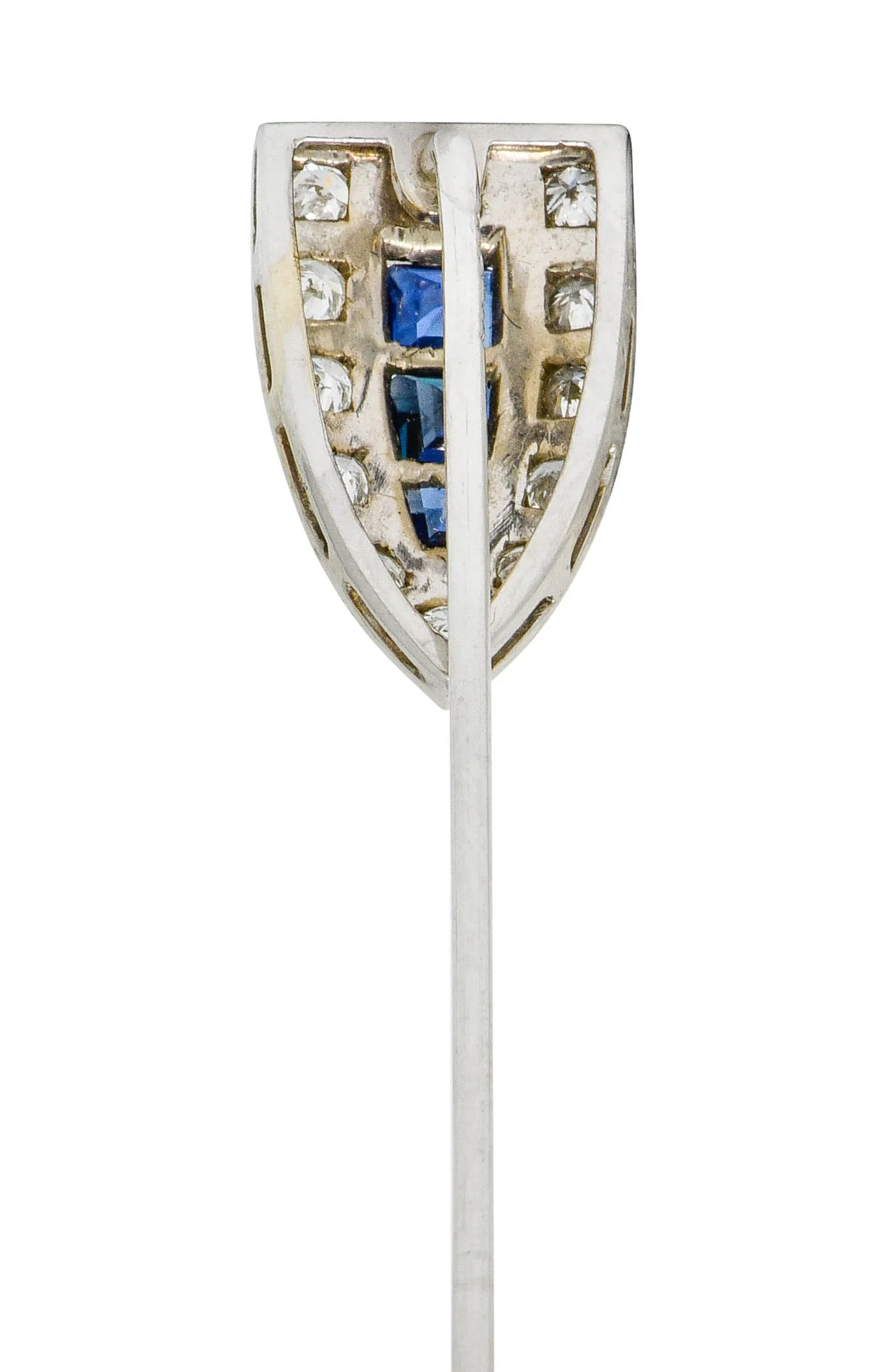 Art Deco Sapphire Diamond 14 Karat White Gold Shield Stickpin
