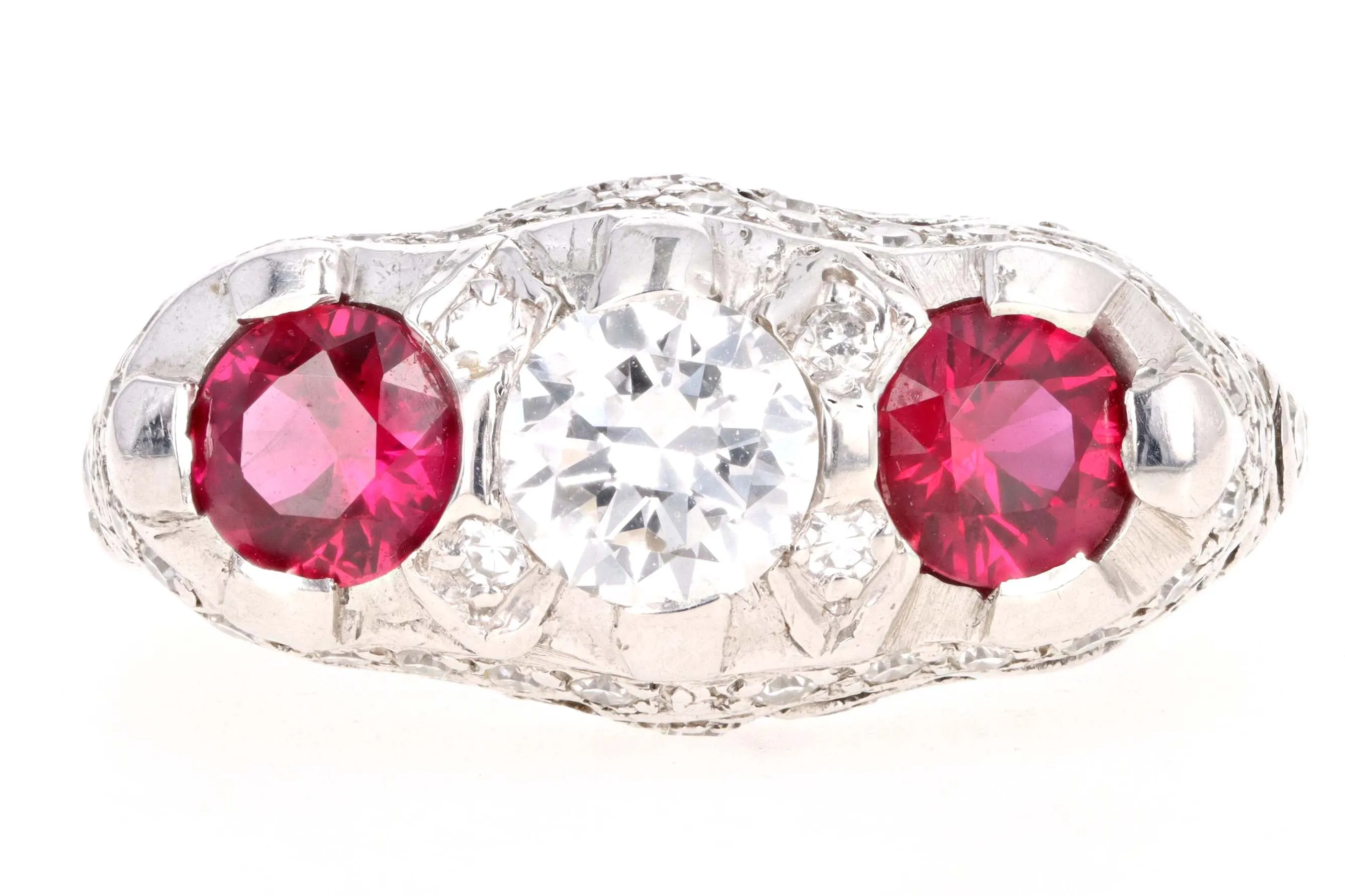 Art Deco Style 14K White Gold Diamond and Ruby Three Stone Ring