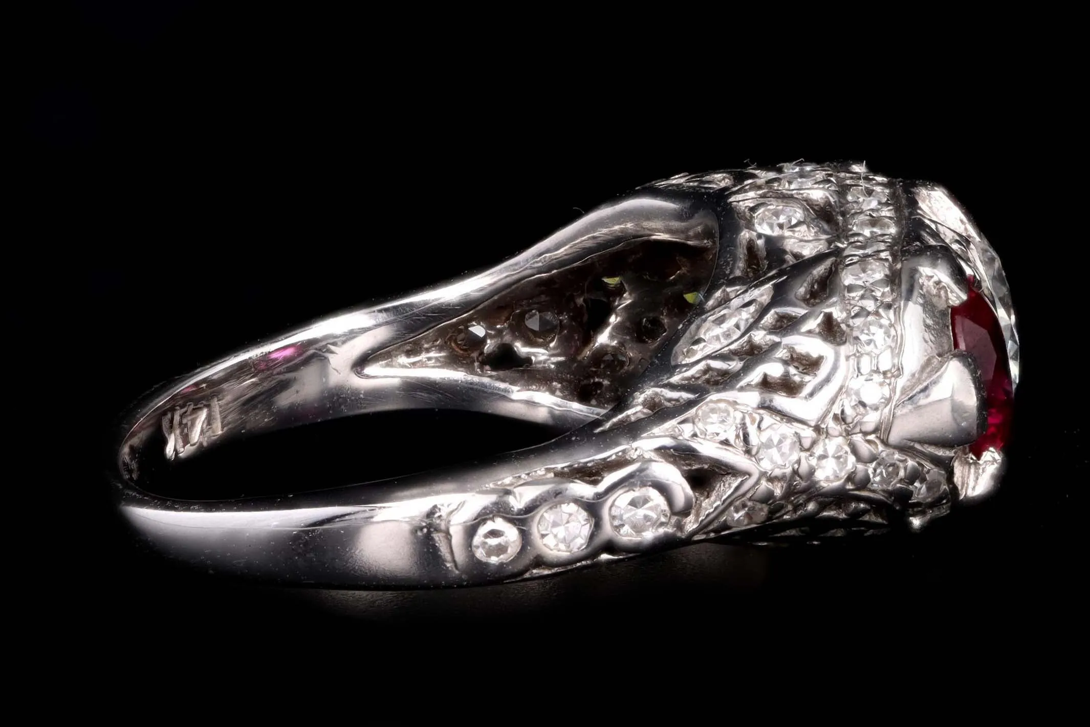 Art Deco Style 14K White Gold Diamond and Ruby Three Stone Ring