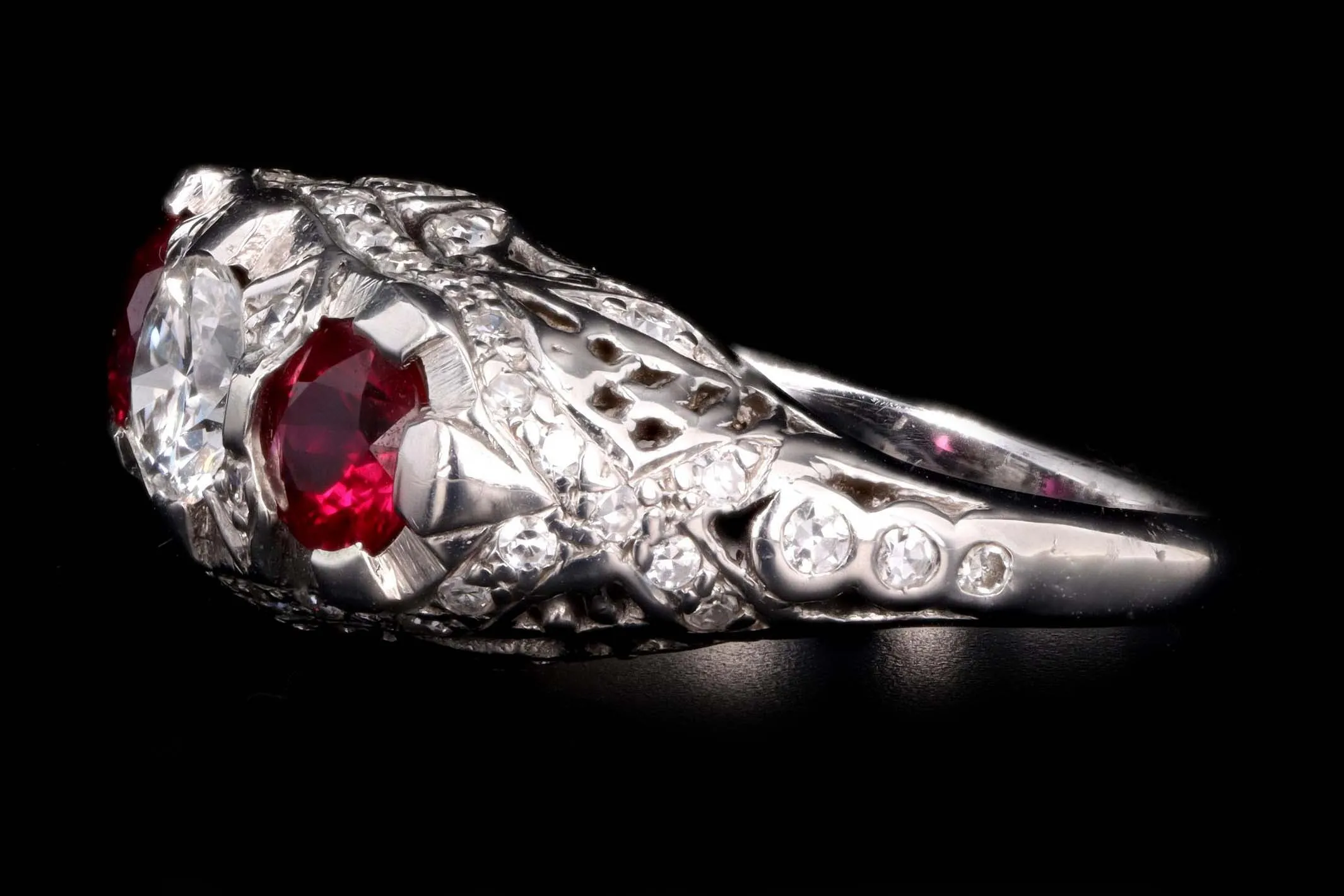 Art Deco Style 14K White Gold Diamond and Ruby Three Stone Ring