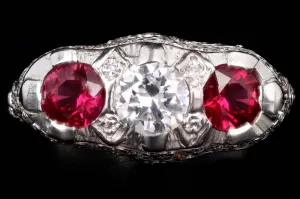 Art Deco Style 14K White Gold Diamond and Ruby Three Stone Ring