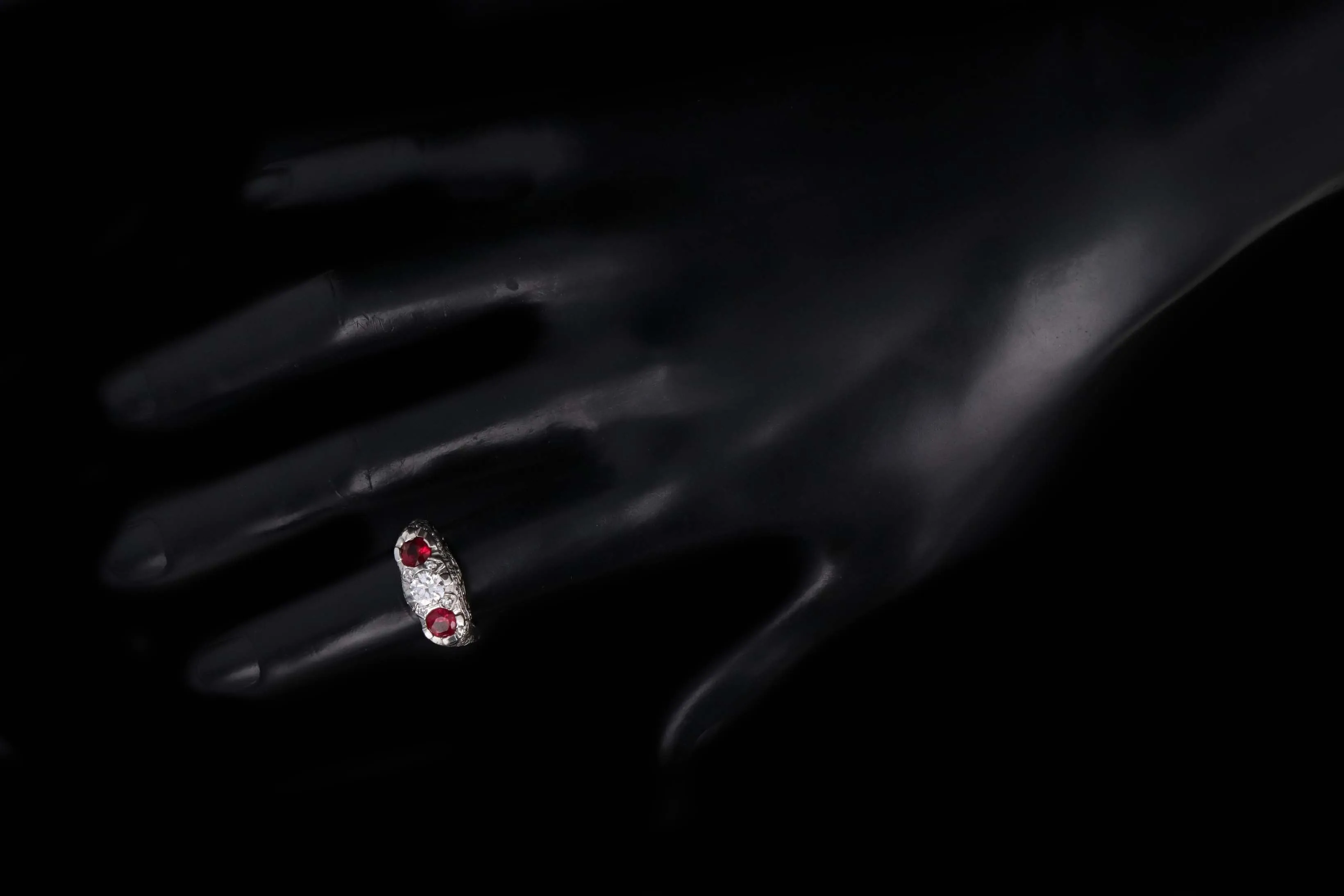 Art Deco Style 14K White Gold Diamond and Ruby Three Stone Ring