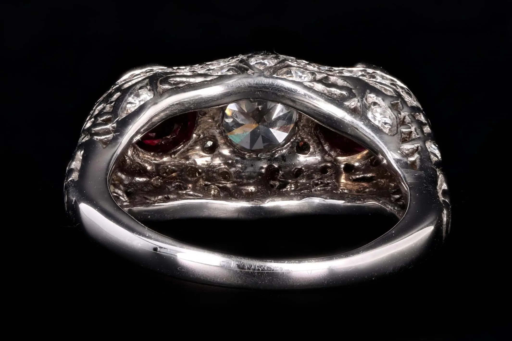 Art Deco Style 14K White Gold Diamond and Ruby Three Stone Ring