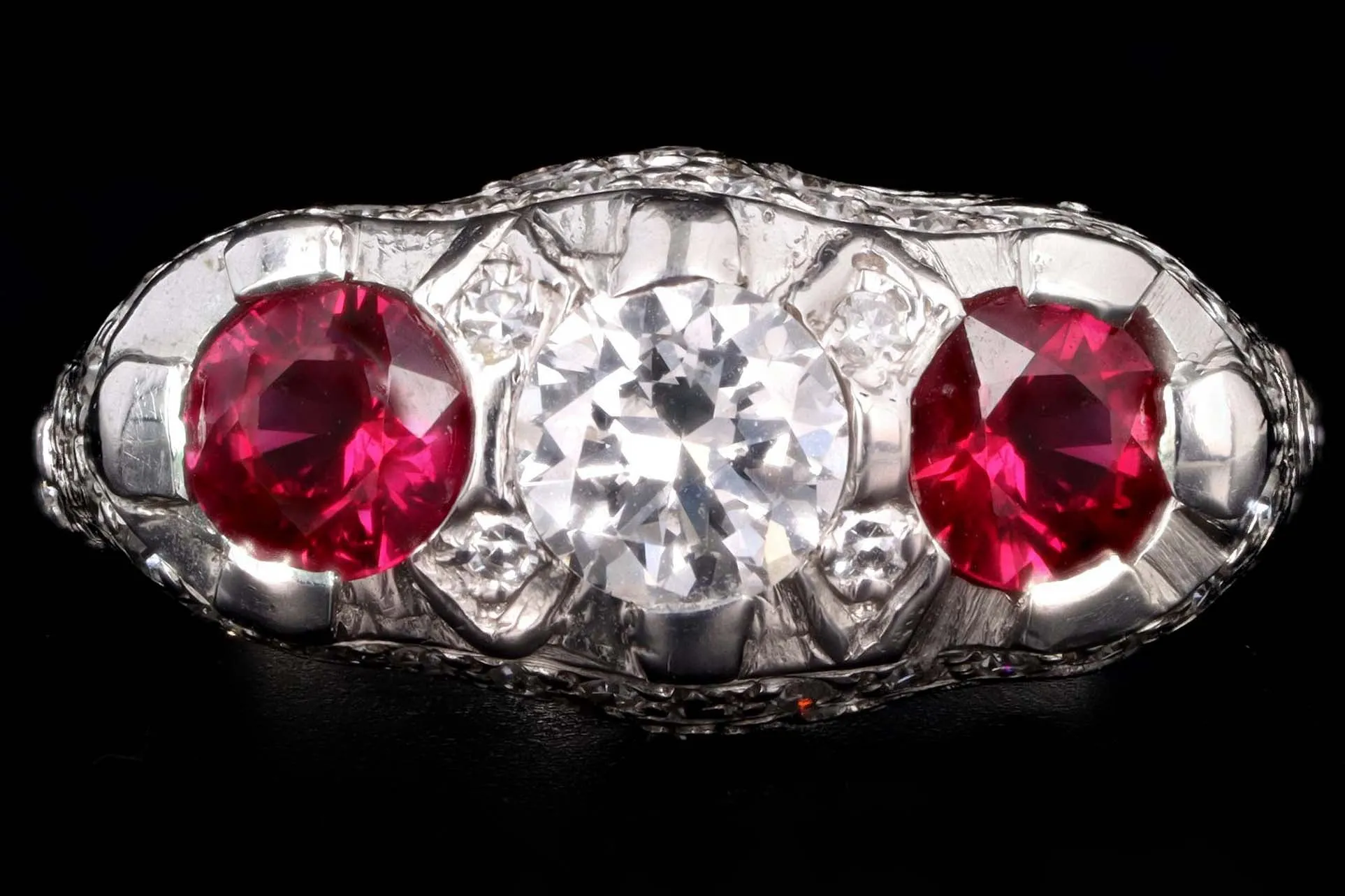 Art Deco Style 14K White Gold Diamond and Ruby Three Stone Ring