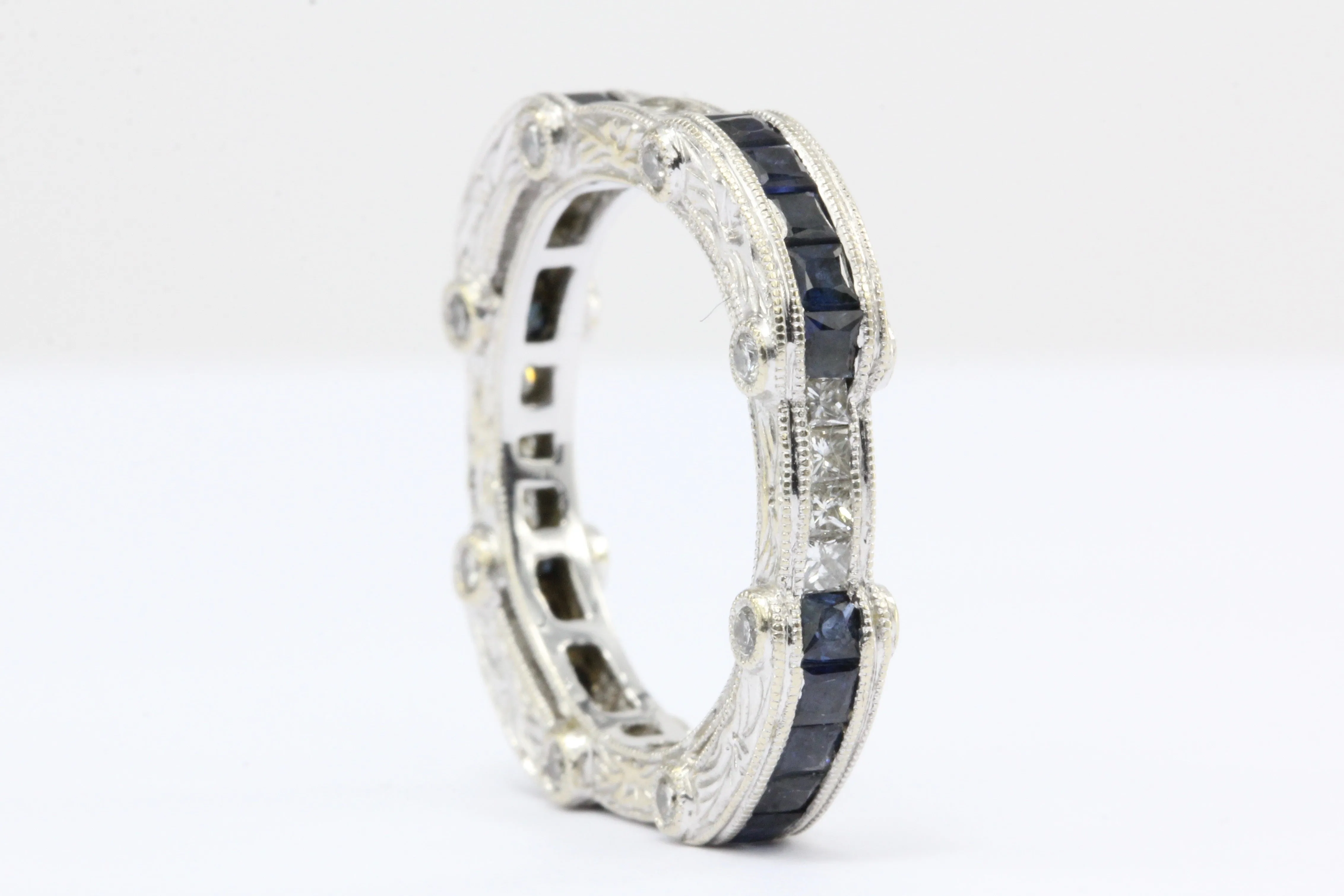 Art Deco Style 18K White Gold Diamond Sapphire Eternity Band Ring size 6