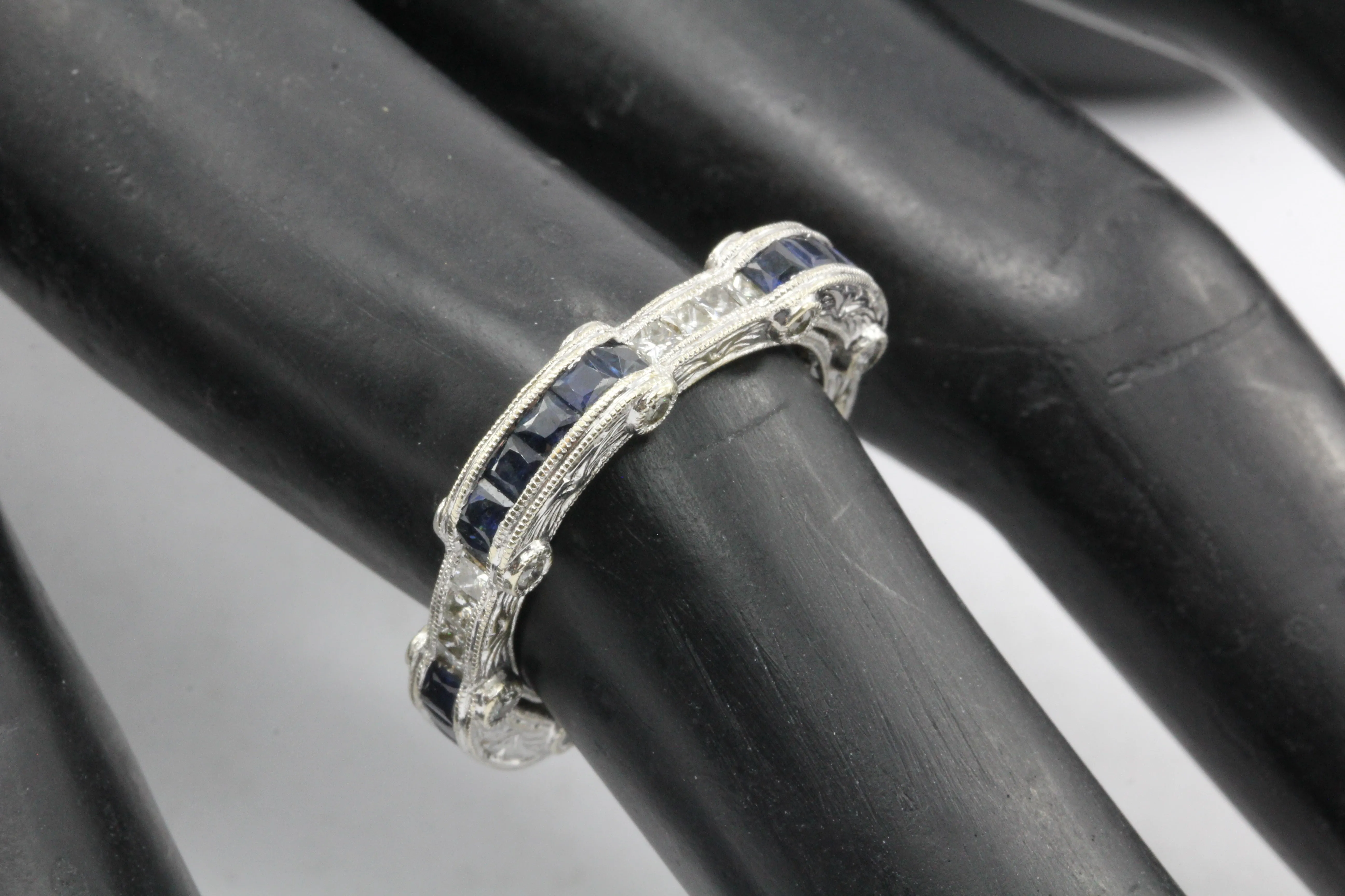 Art Deco Style 18K White Gold Diamond Sapphire Eternity Band Ring size 6