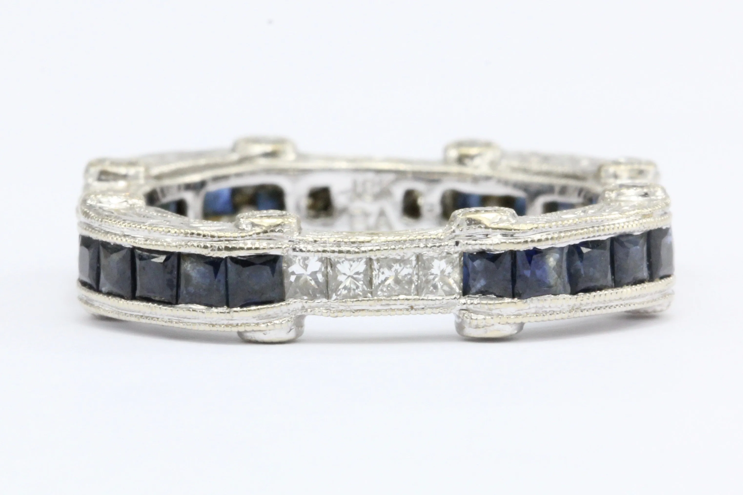 Art Deco Style 18K White Gold Diamond Sapphire Eternity Band Ring size 6