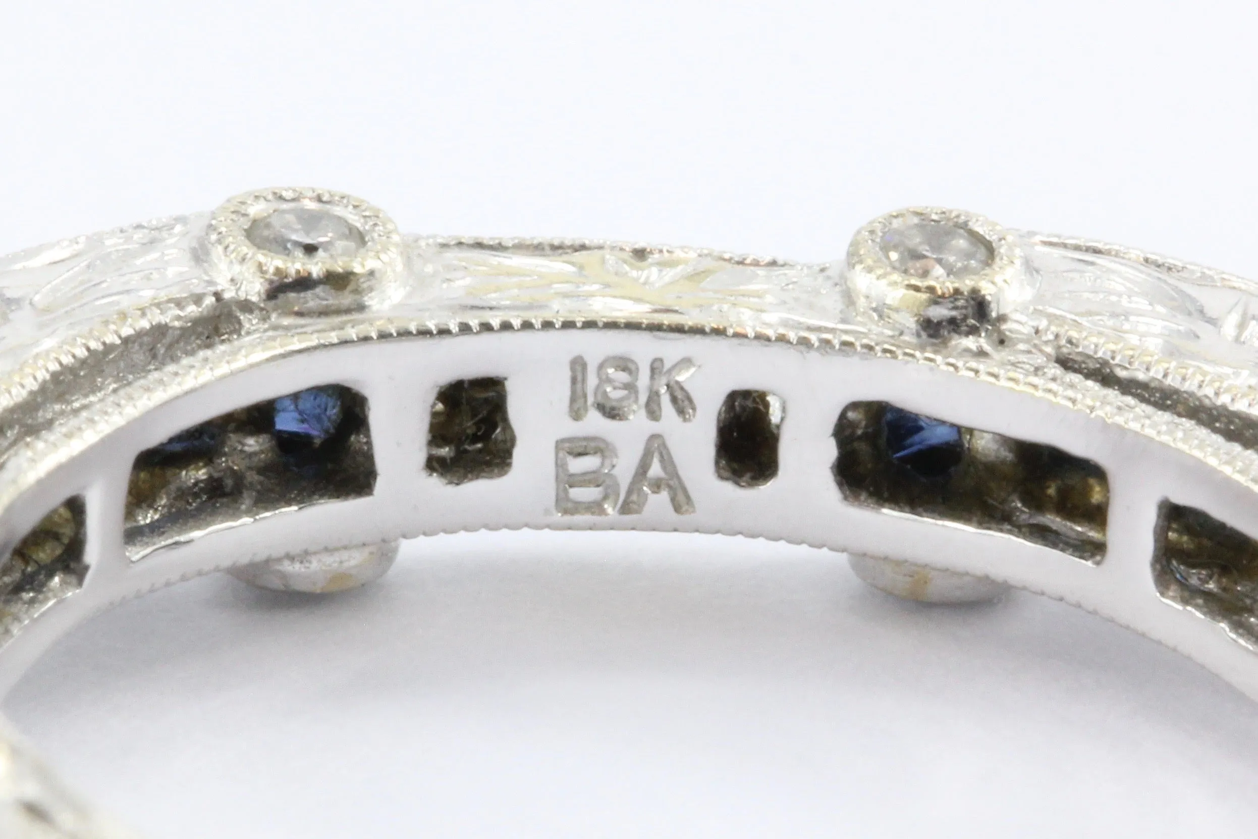 Art Deco Style 18K White Gold Diamond Sapphire Eternity Band Ring size 6