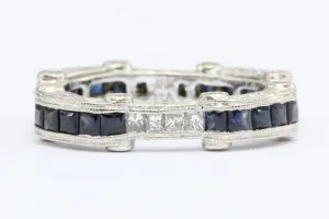 Art Deco Style 18K White Gold Diamond Sapphire Eternity Band Ring size 6