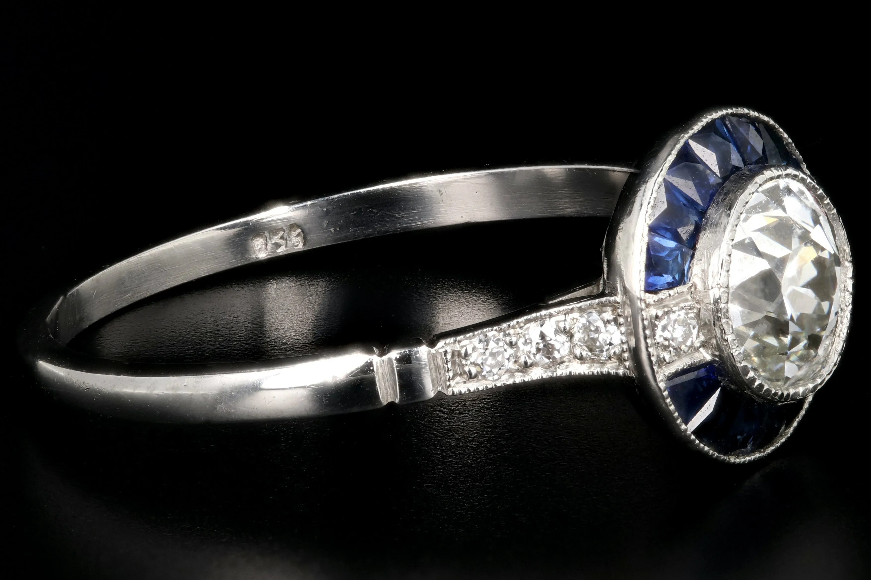 Art Deco Style Handmade Platinum .84 Carat Diamond and Sapphire Bullseye Ring GIA Certified