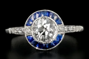 Art Deco Style Handmade Platinum .84 Carat Diamond and Sapphire Bullseye Ring GIA Certified