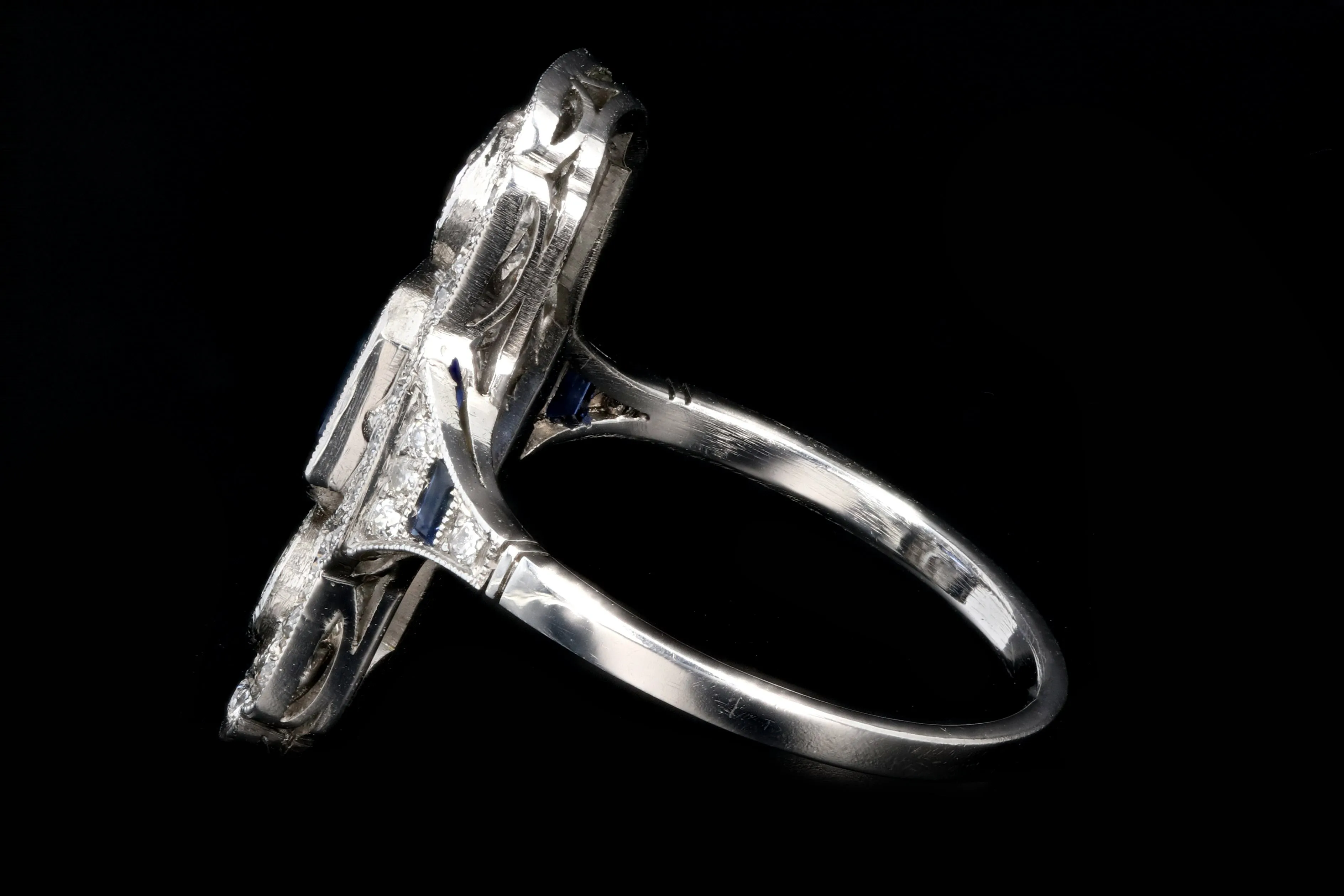 Art Deco Style Platinum 1.25 Emerald Cut Sapphire & Diamond Ring