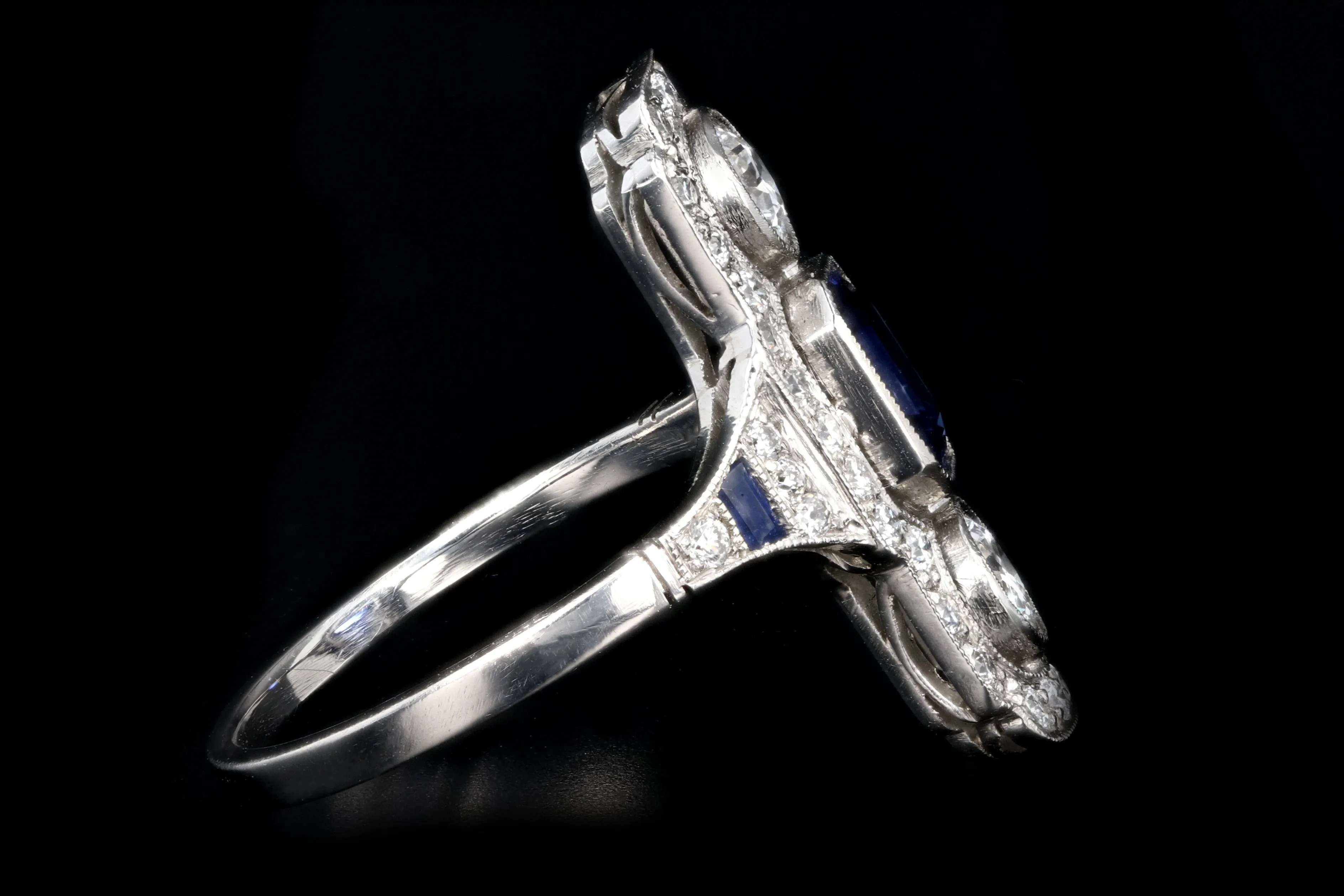 Art Deco Style Platinum 1.25 Emerald Cut Sapphire & Diamond Ring