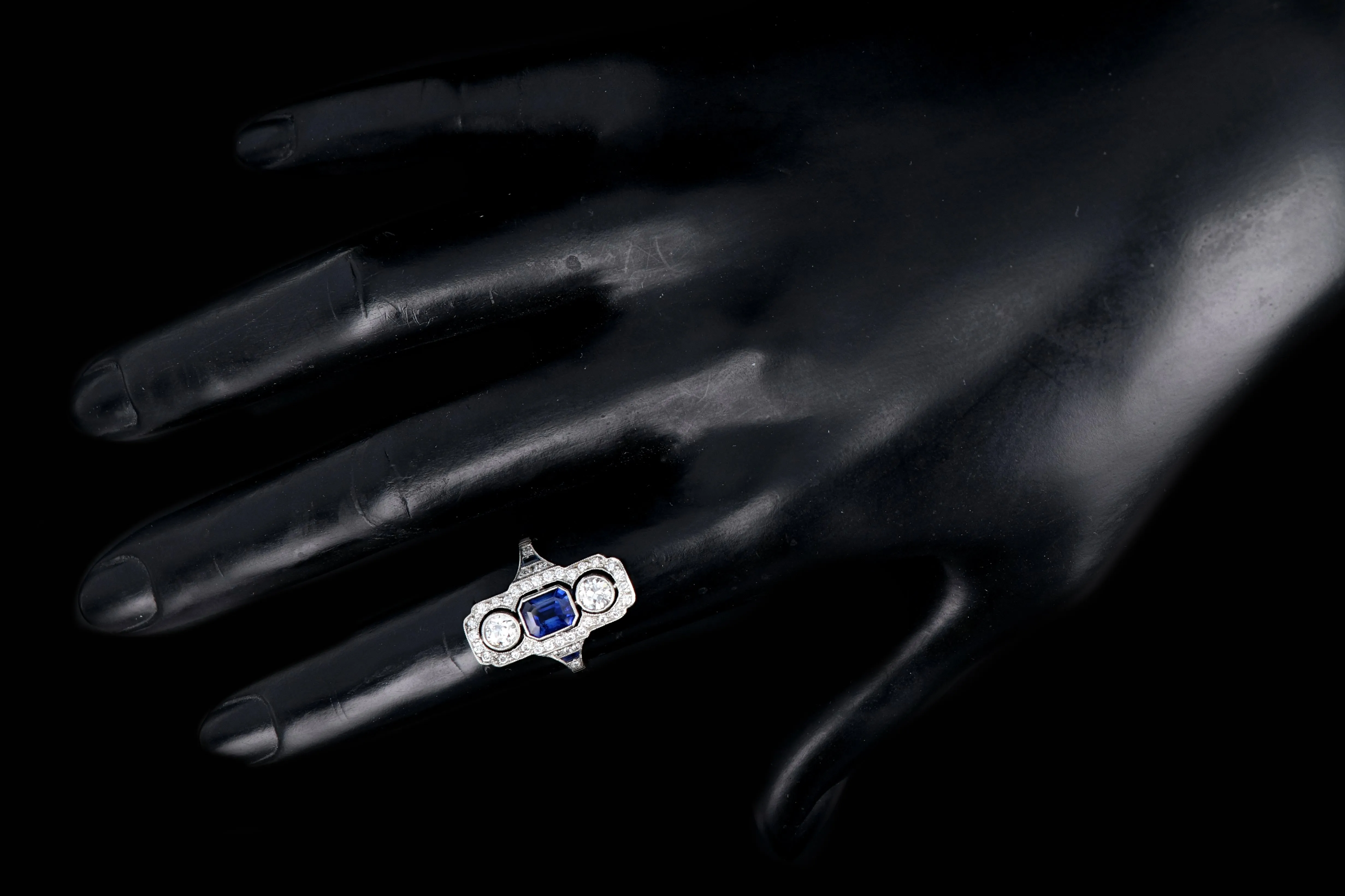 Art Deco Style Platinum 1.25 Emerald Cut Sapphire & Diamond Ring