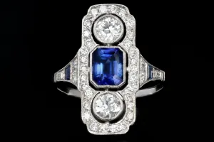 Art Deco Style Platinum 1.25 Emerald Cut Sapphire & Diamond Ring
