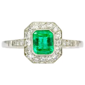 Art Deco Style Platinum .65 CT Emerald Diamond Ring Size 7.25