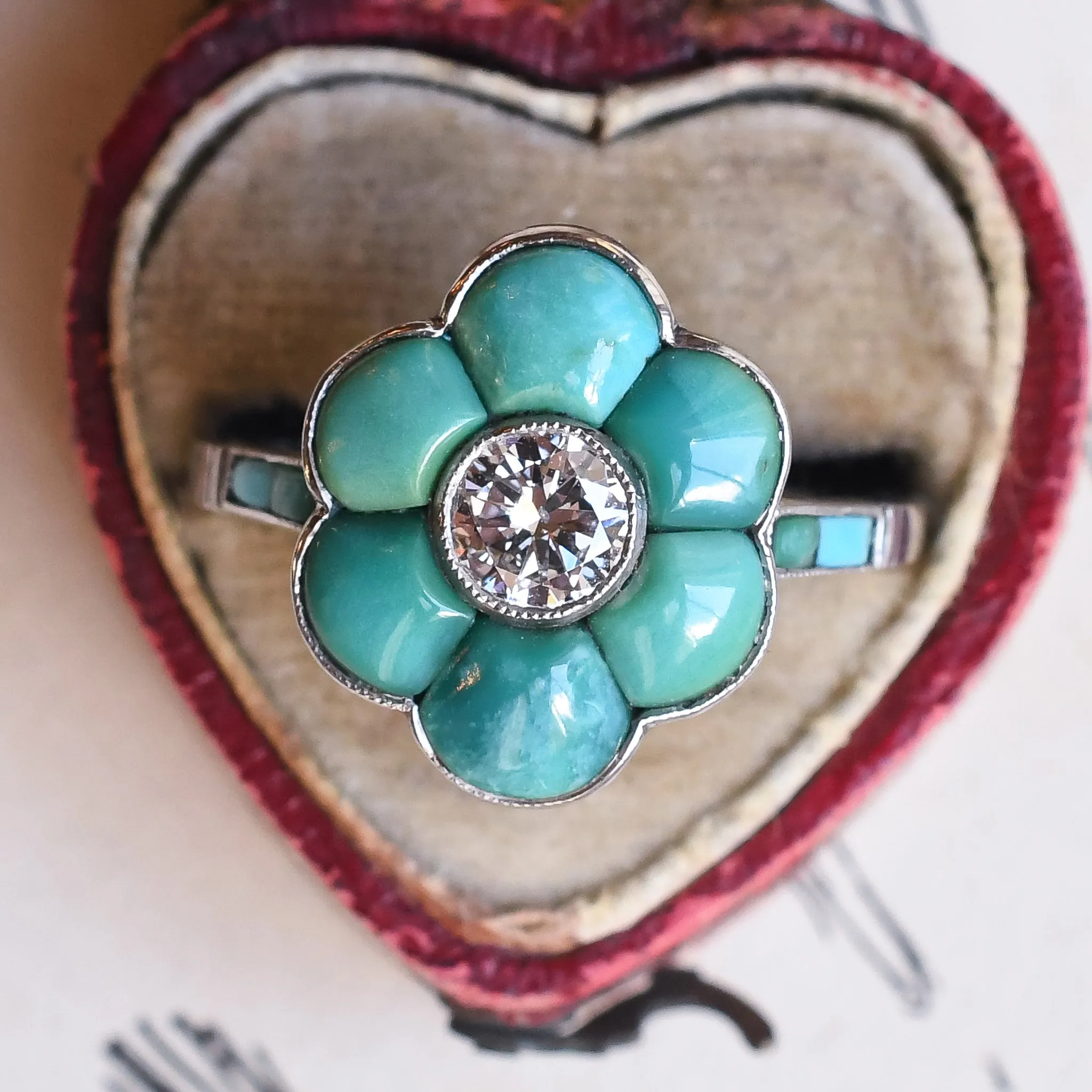 Art Deco Turquoise & Diamond Flower Cluster Ring