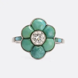 Art Deco Turquoise & Diamond Flower Cluster Ring