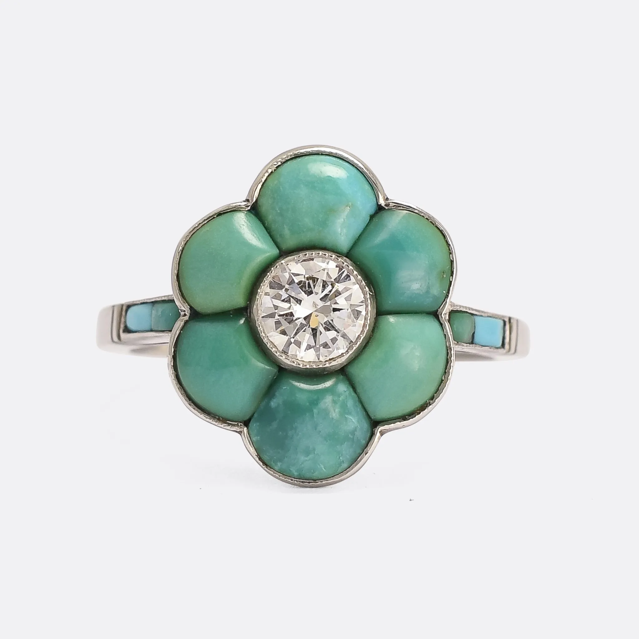 Art Deco Turquoise & Diamond Flower Cluster Ring
