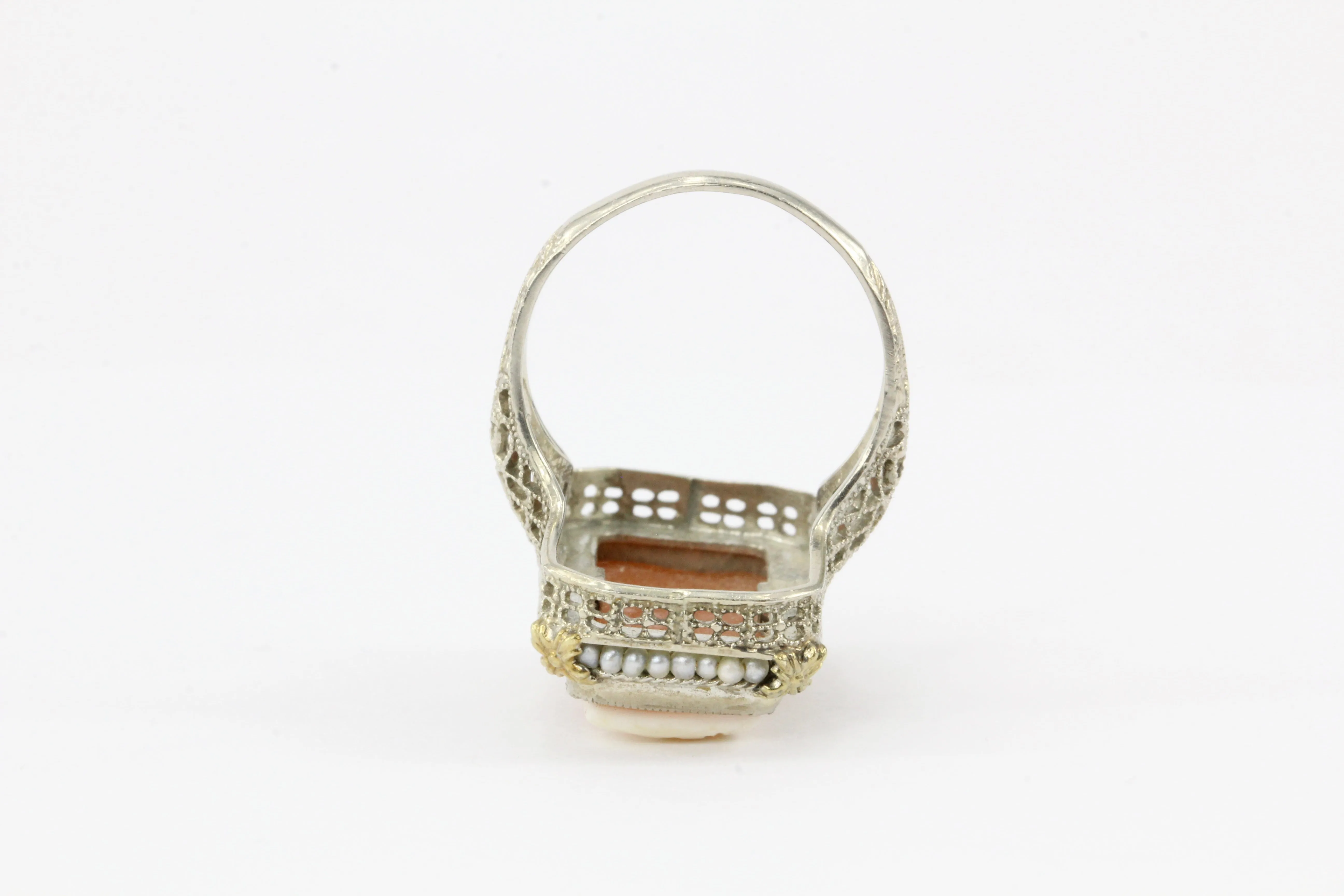 Art Deco White & Yellow Gold Filigree Cameo and Seed Pearl Ring