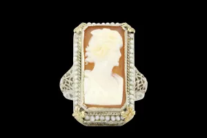 Art Deco White & Yellow Gold Filigree Cameo and Seed Pearl Ring