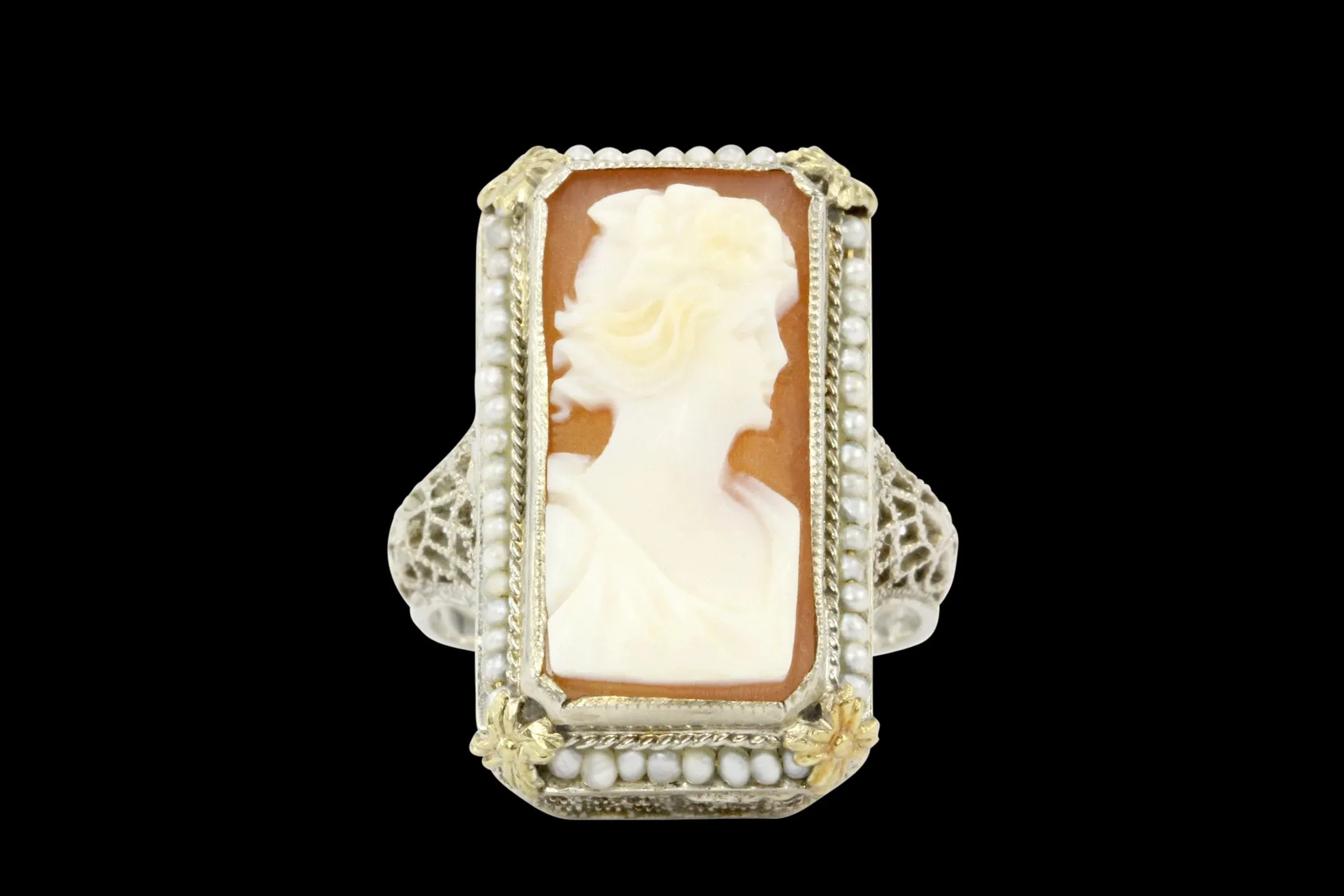 Art Deco White & Yellow Gold Filigree Cameo and Seed Pearl Ring