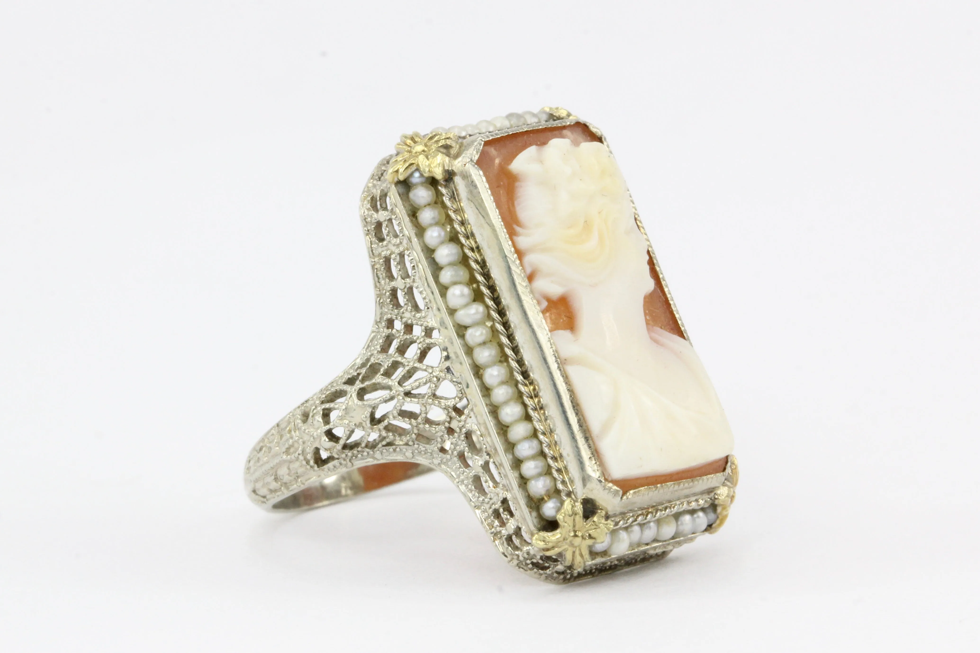 Art Deco White & Yellow Gold Filigree Cameo and Seed Pearl Ring