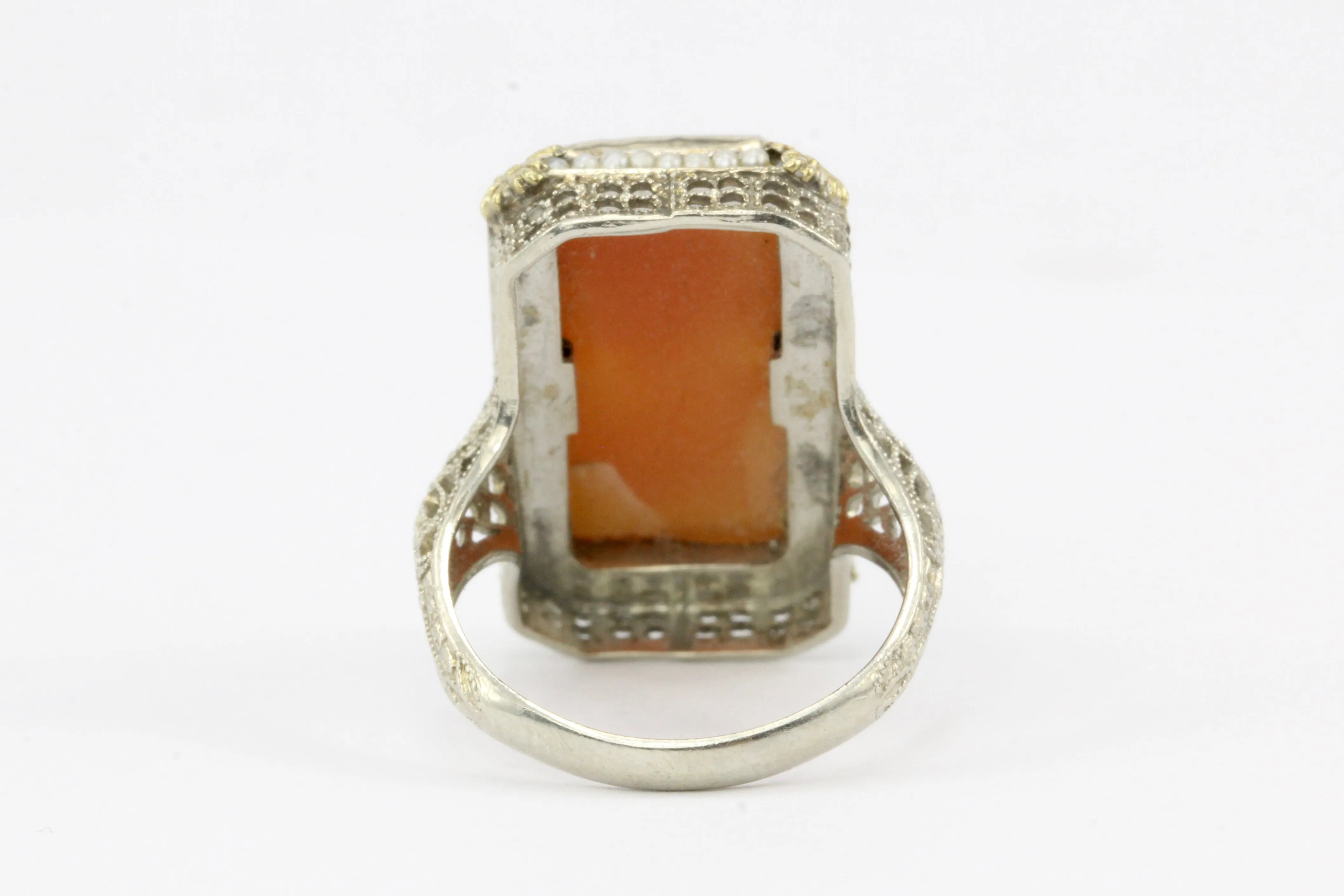 Art Deco White & Yellow Gold Filigree Cameo and Seed Pearl Ring