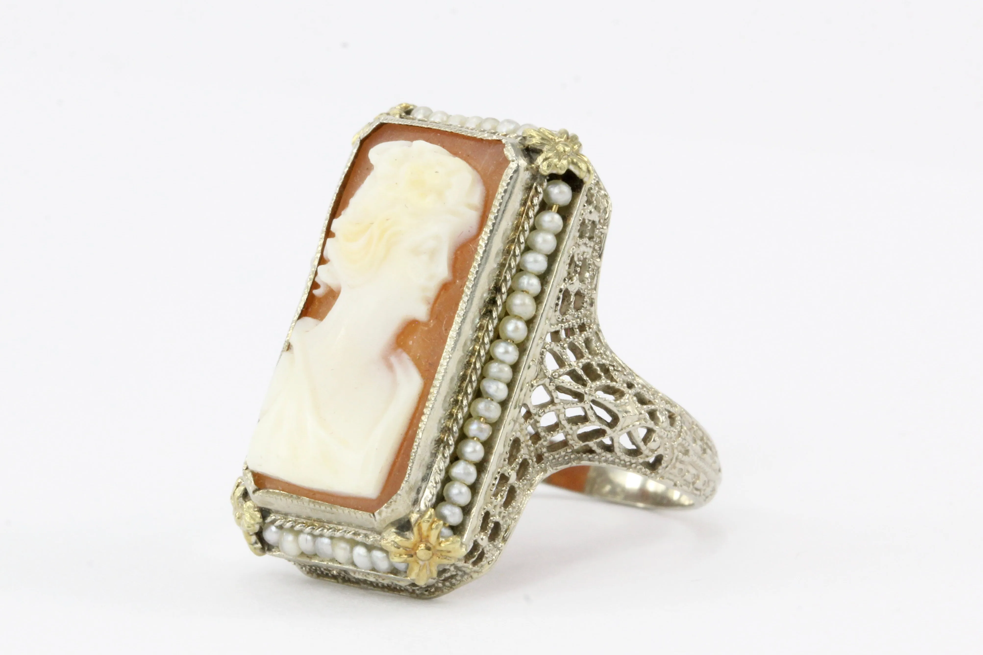 Art Deco White & Yellow Gold Filigree Cameo and Seed Pearl Ring