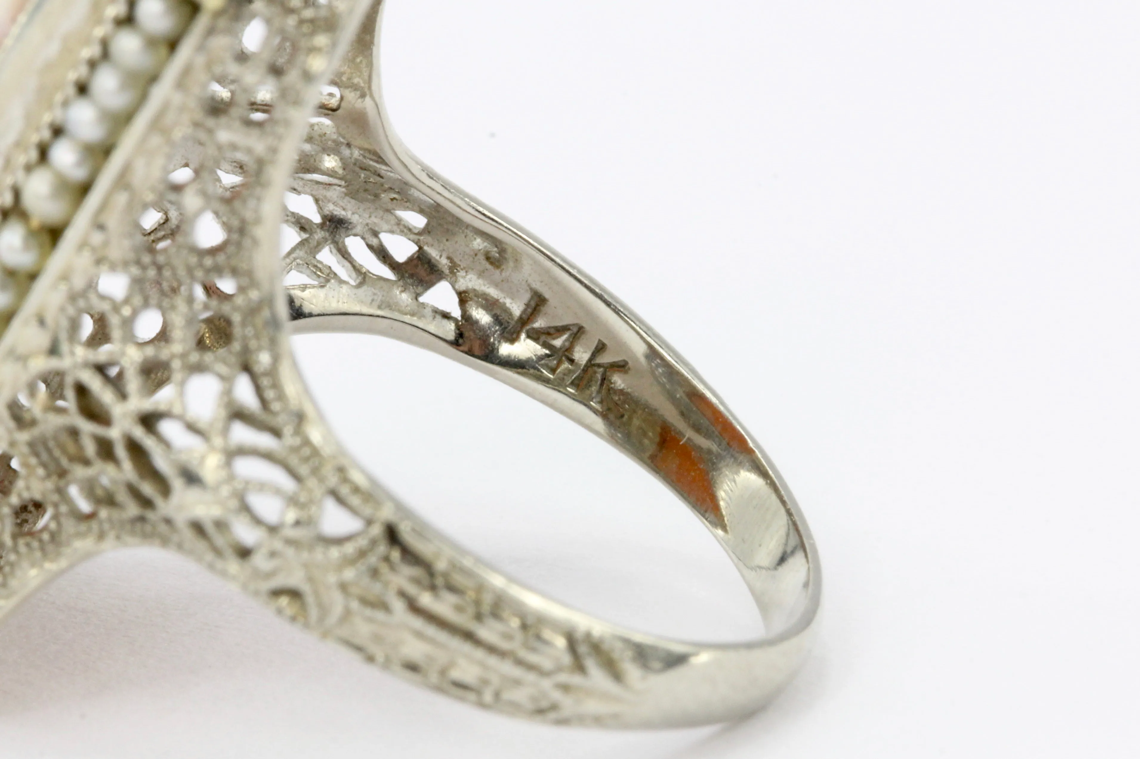 Art Deco White & Yellow Gold Filigree Cameo and Seed Pearl Ring