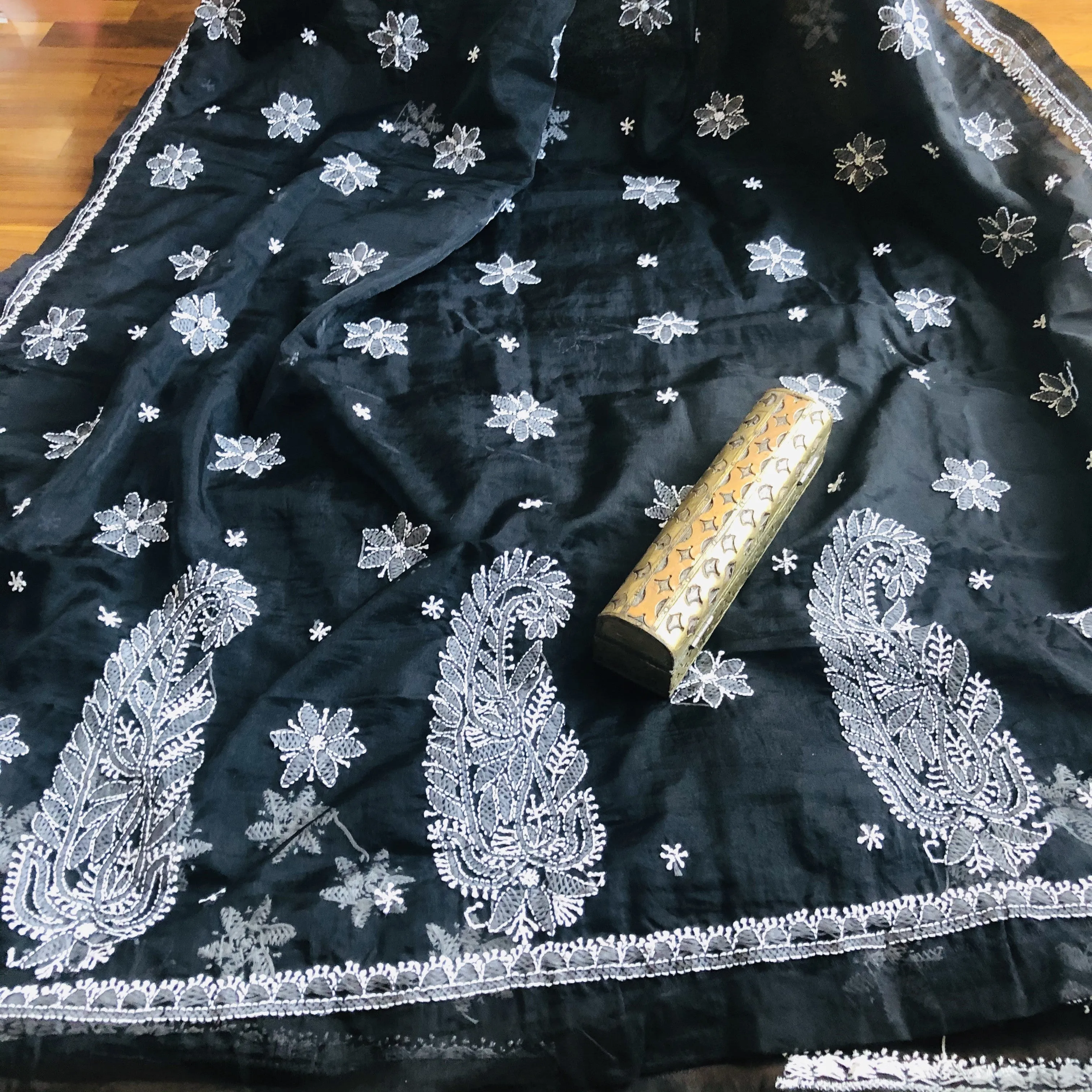 Black Chikankari Saree In Organza