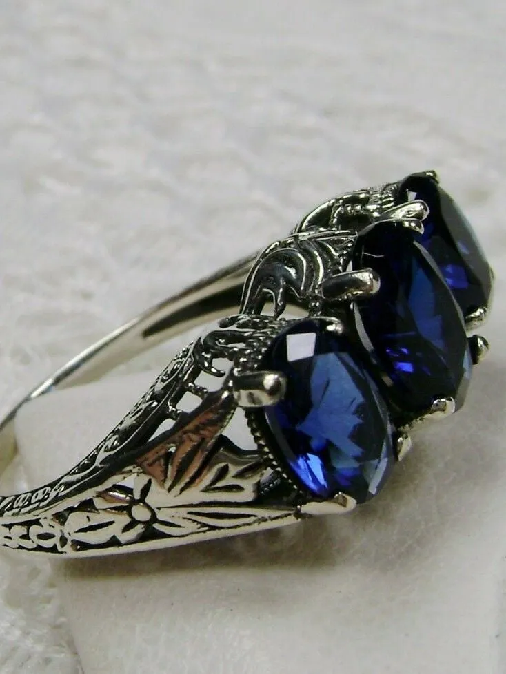 Blue Sapphire Ring, Triple Gems, Size 6, Art Deco Jewelry Design#D41 - Ready to Ship