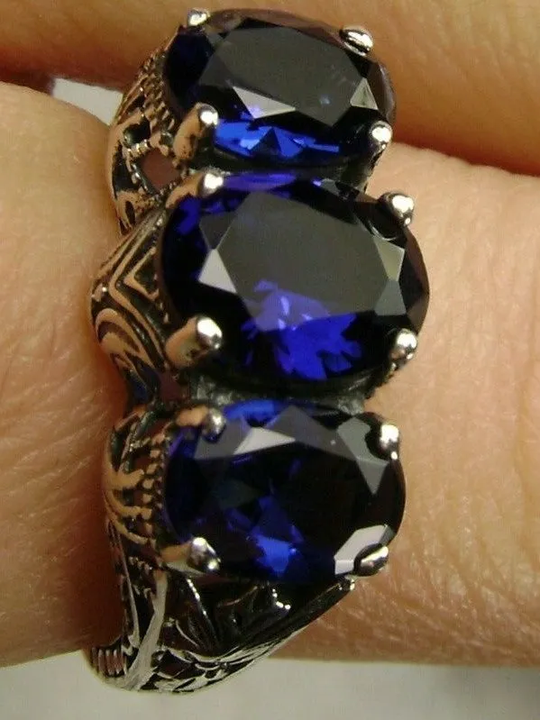 Blue Sapphire Ring, Triple Gems, Size 6, Art Deco Jewelry Design#D41 - Ready to Ship